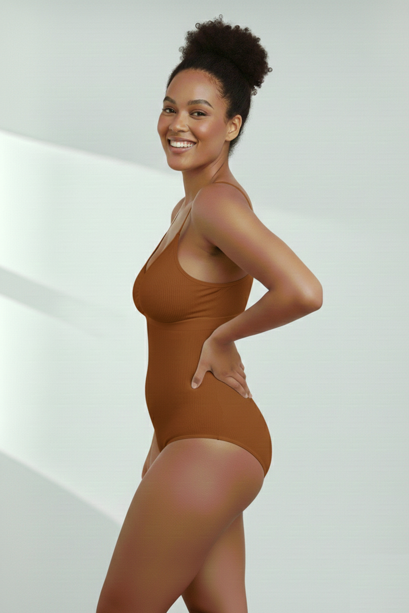 Mamey Örme Kumaş Yapılı Toparlayıcı Çıtçıtlı 2 Beden İncelten Korseli Body Kahve Renk