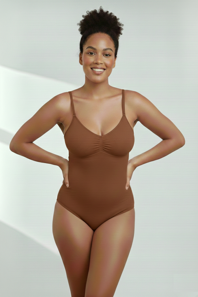 Mamey Örme Kumaş Yapılı Toparlayıcı Çıtçıtlı 2 Beden İncelten Korseli Body Kahve Renk