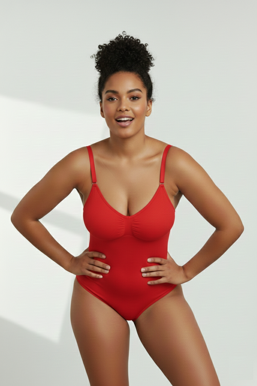 Mamey Örme Kumaş Yapılı Toparlayıcı Çıtçıtlı 2 Beden İncelten Korseli Body Kırmızı Renk