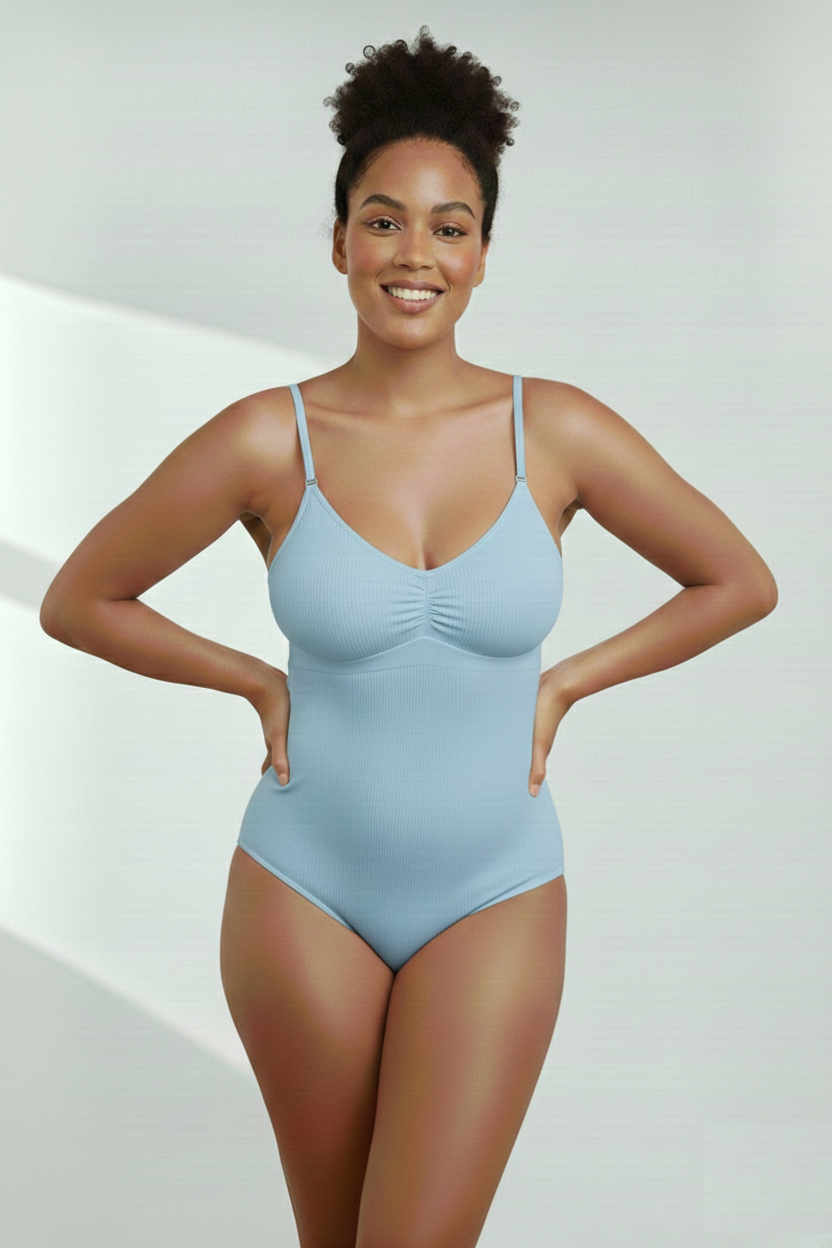 Mamey Örme Kumaş Yapılı Toparlayıcı Çıtçıtlı 2 Beden İncelten Korseli Body Buz Mavi Renk