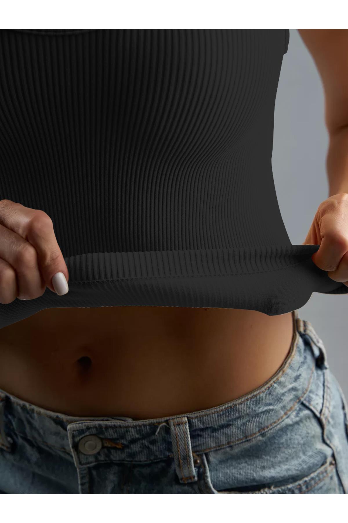 Marsala Model Sıkılaştırıcı Biker Crop Örme Ve Seamless Model Siyah Renk