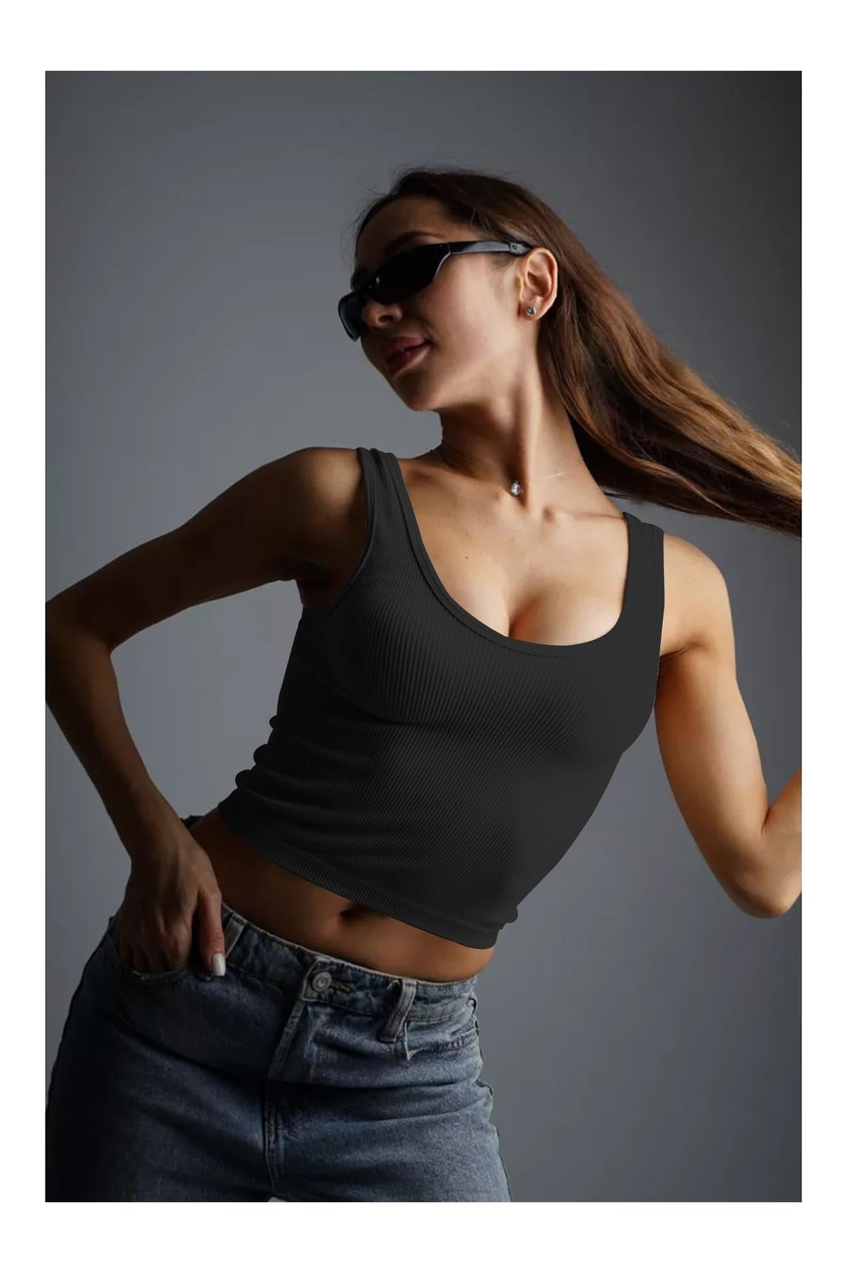 Marsala Model Sıkılaştırıcı Biker Crop Örme Ve Seamless Model Siyah Renk