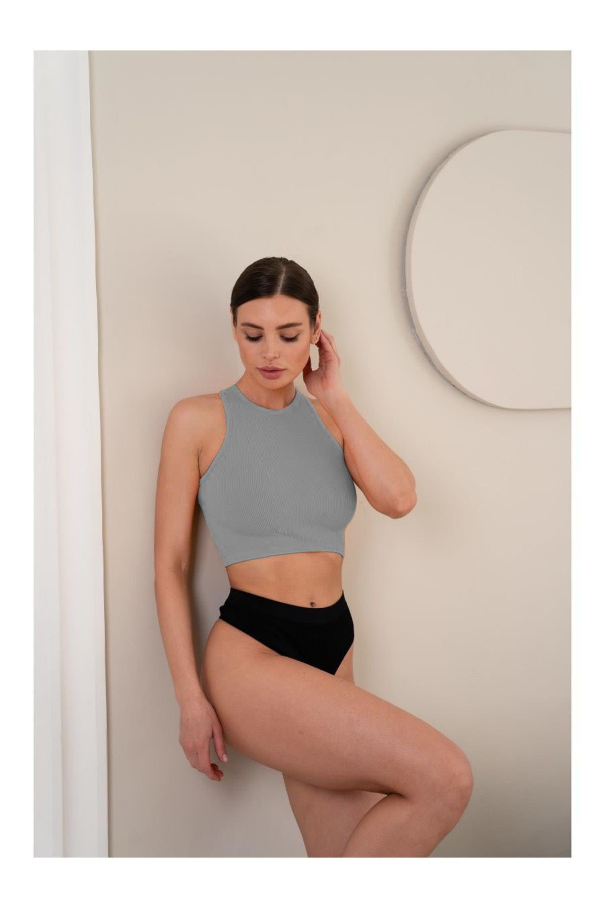 Murana Model Dikişsiz Toparlayıcı Büstiyer Crop Seamless Model Spor Crop Gri Renk