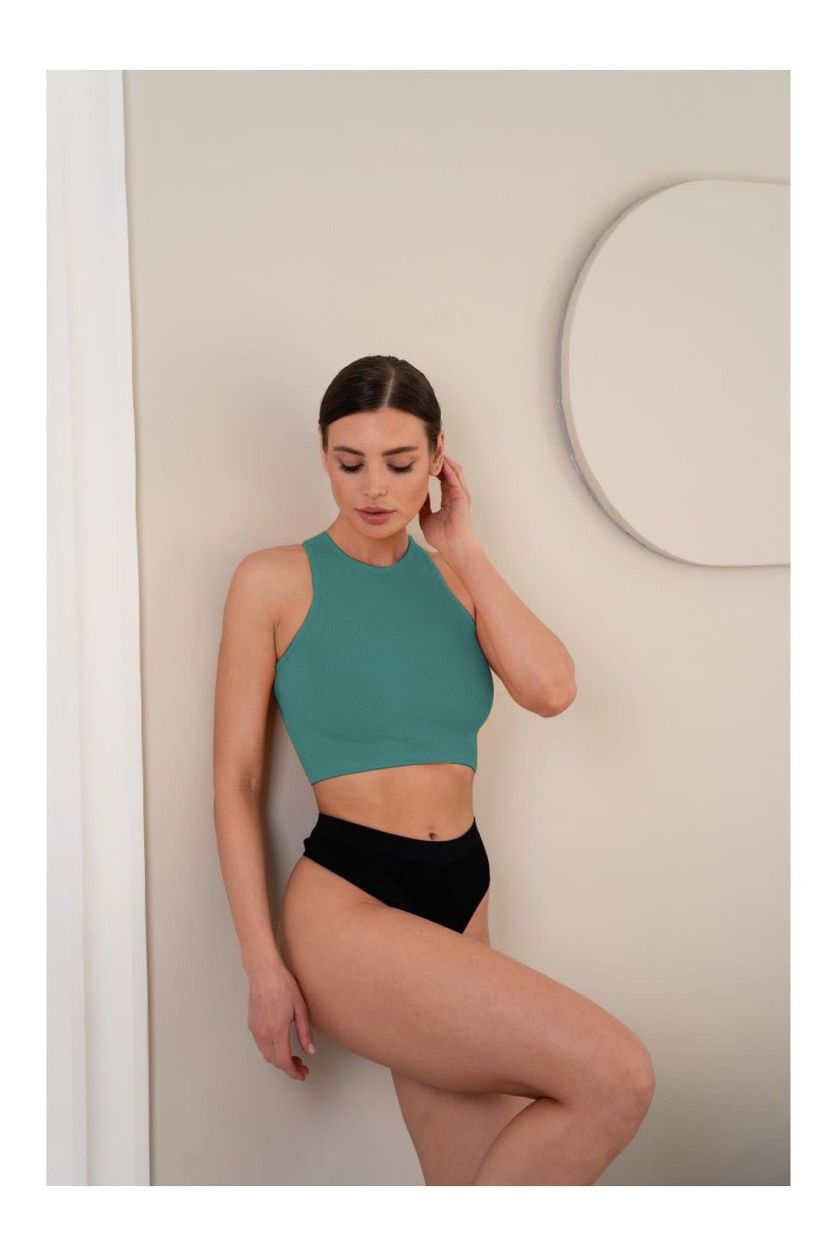 Murana Model Dikişsiz Toparlayıcı Büstiyer Crop Seamless Model Spor Crop Gri Mavi Renk