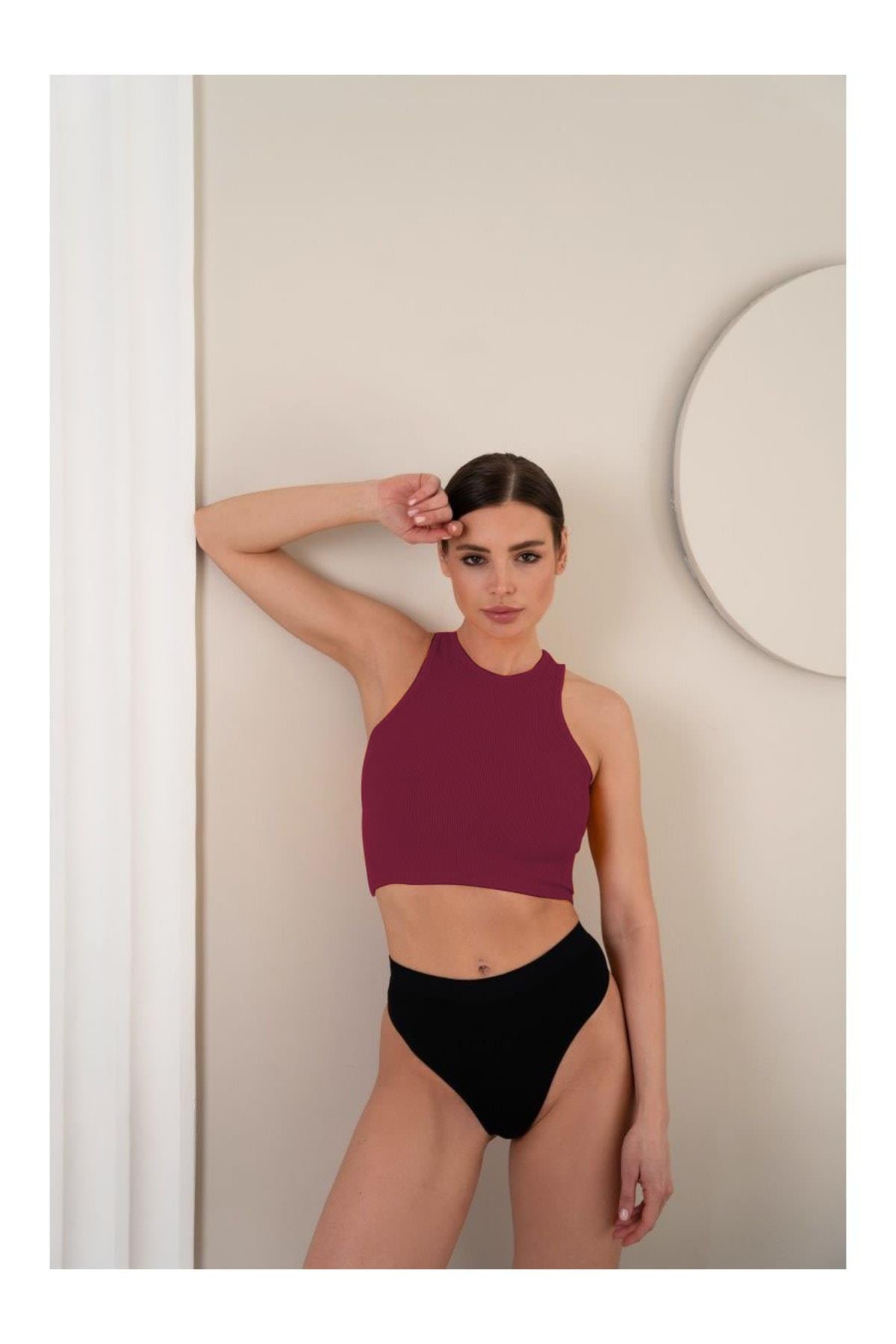 Murana Model Dikişsiz Toparlayıcı Büstiyer Crop Seamless Model Spor Crop Bordo Renk