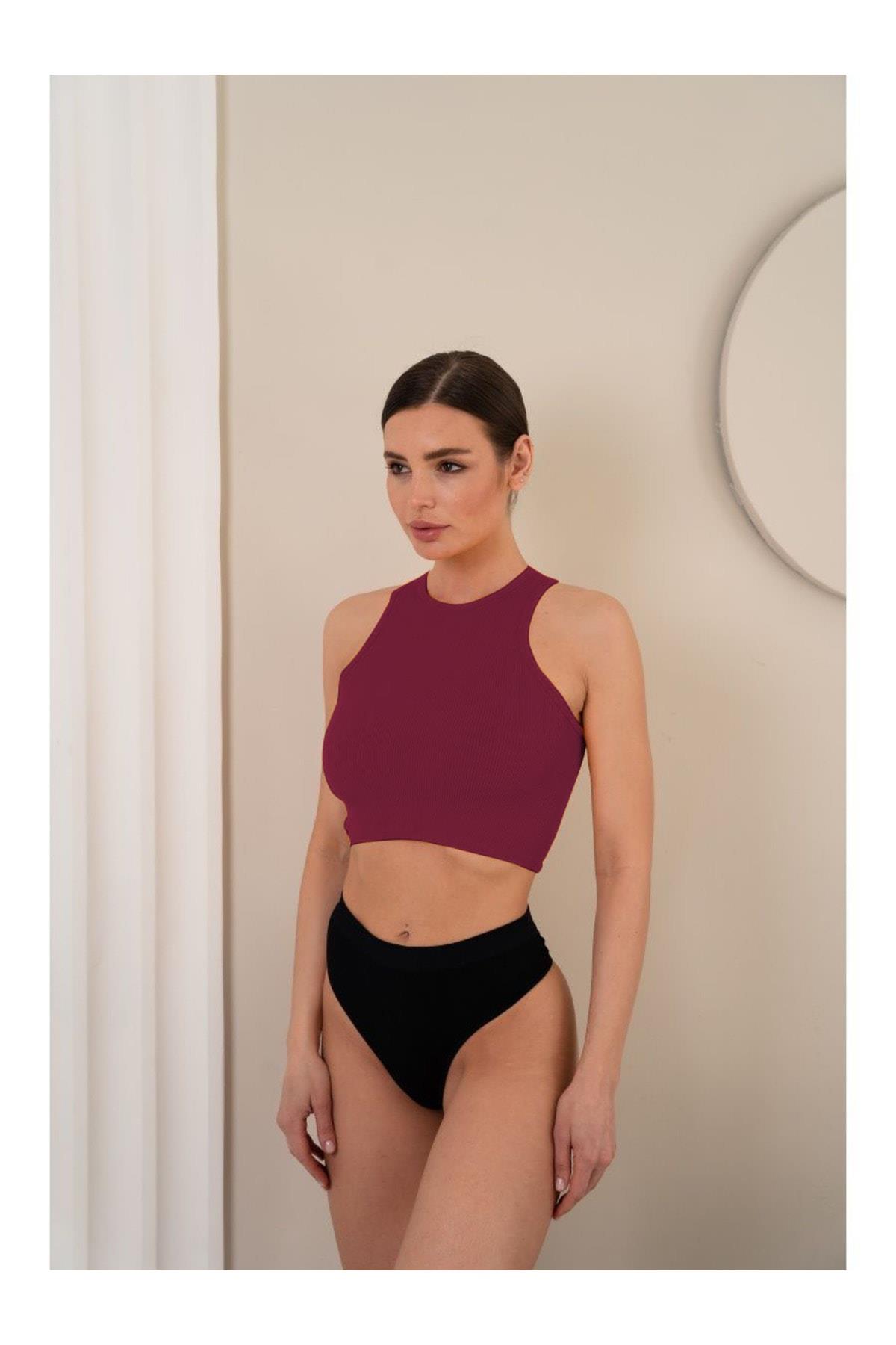 Murana Model Dikişsiz Toparlayıcı Büstiyer Crop Seamless Model Spor Crop Bordo Renk