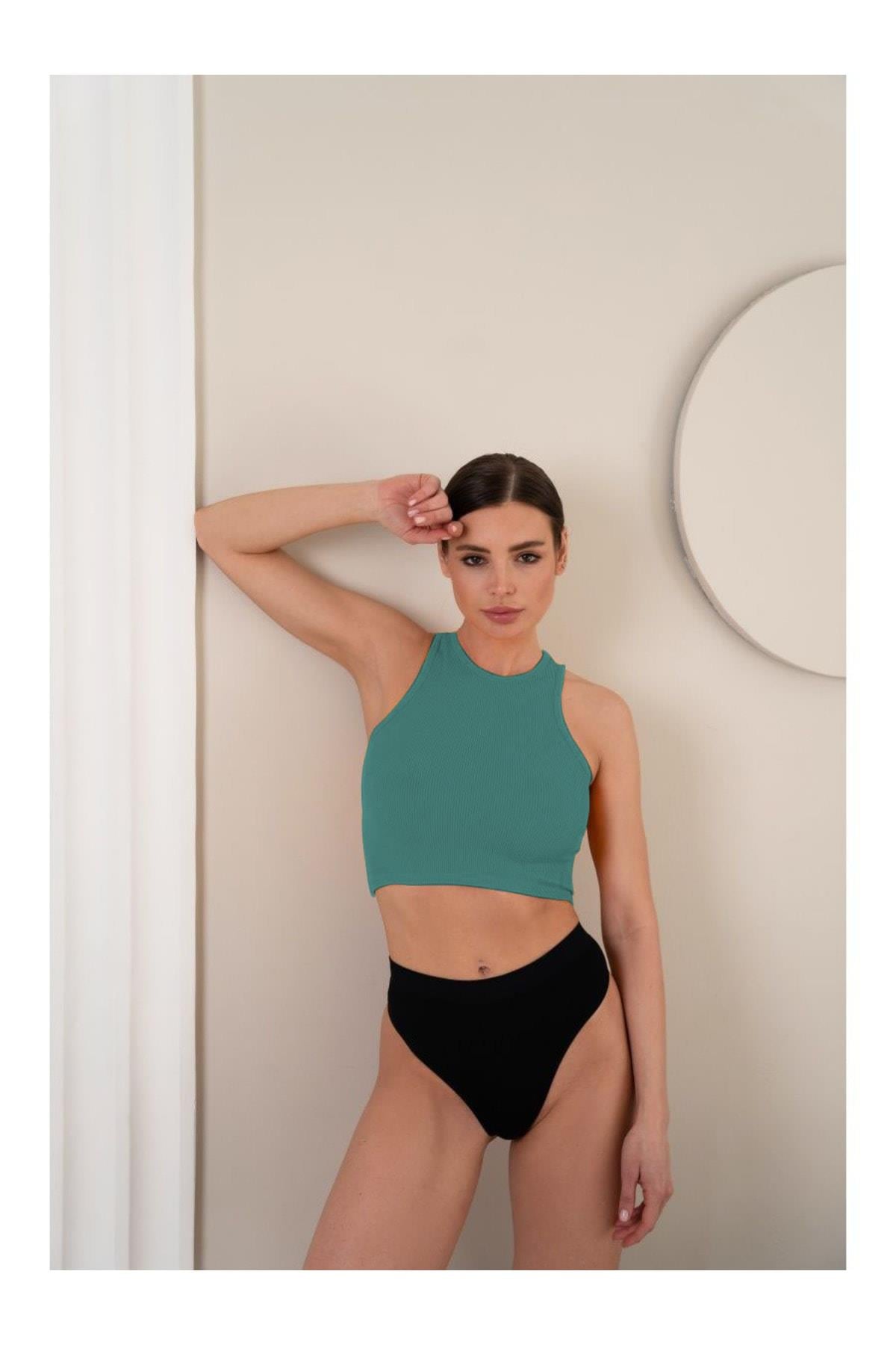 Murana Model Dikişsiz Toparlayıcı Büstiyer Crop Seamless Model Spor Crop Gri Mavi Renk