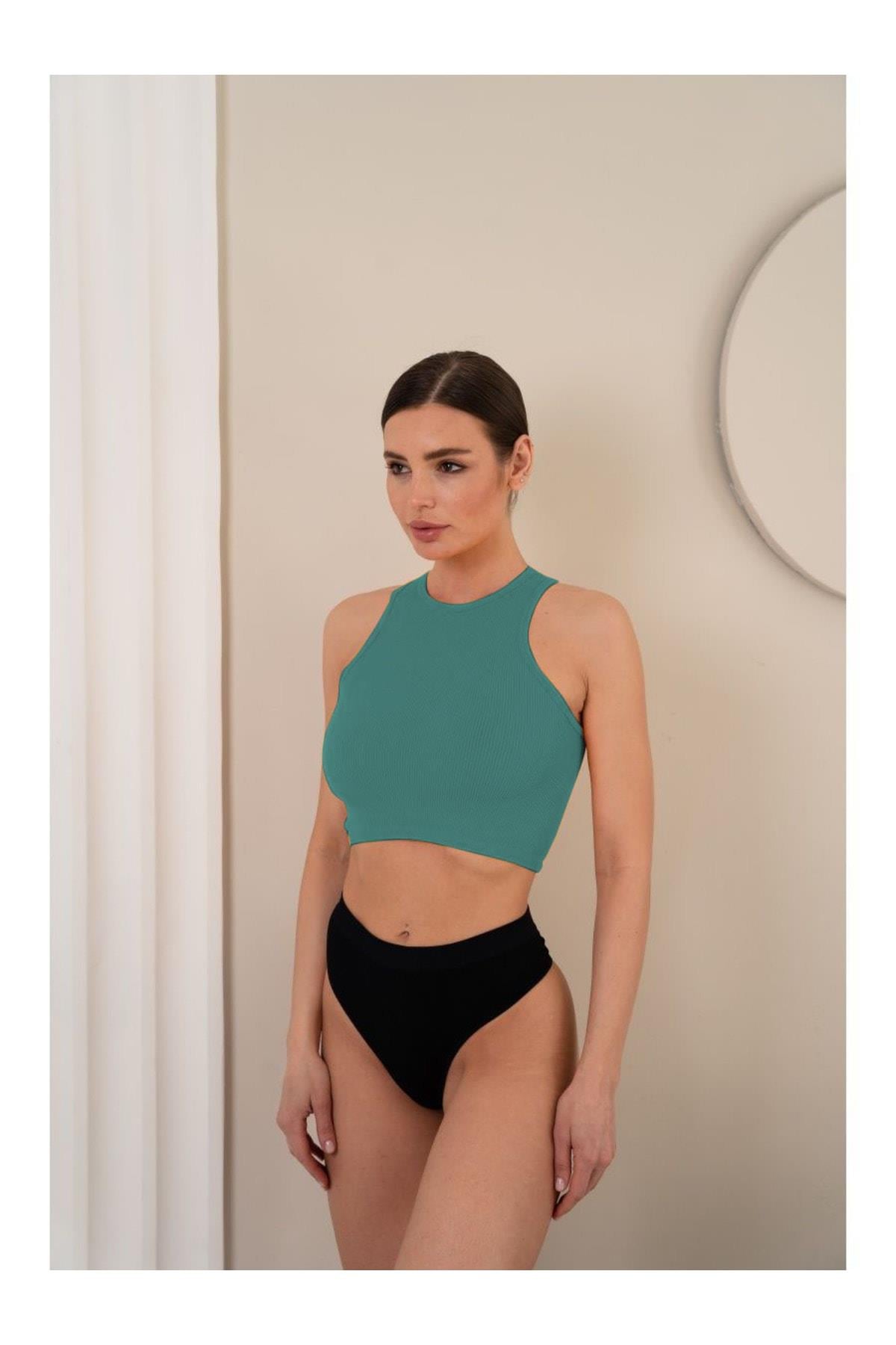 Murana Model Dikişsiz Toparlayıcı Büstiyer Crop Seamless Model Spor Crop Gri Mavi Renk