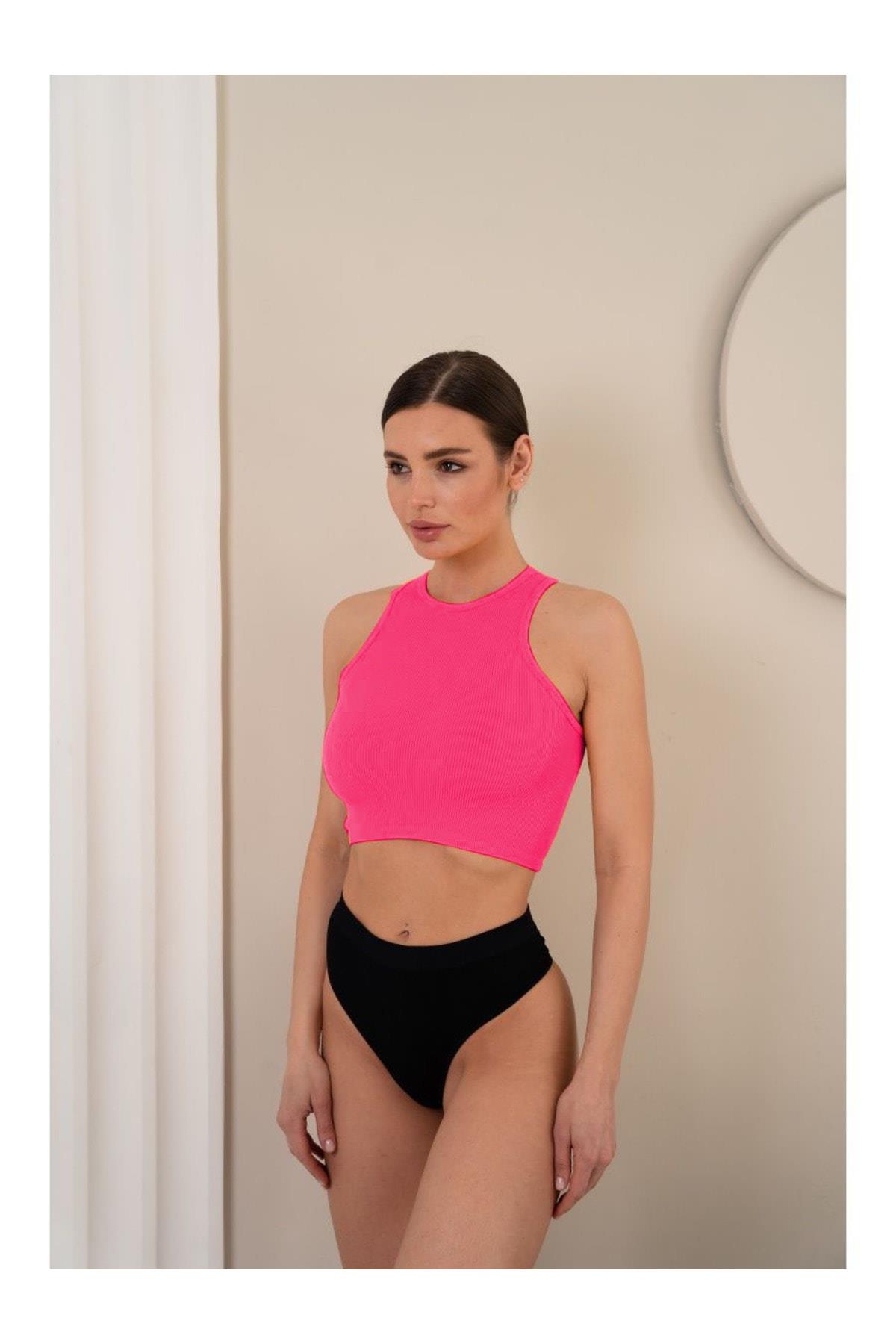 Murana Model Dikişsiz Toparlayıcı Büstiyer Crop Seamless Model Spor Crop Pembe Renk