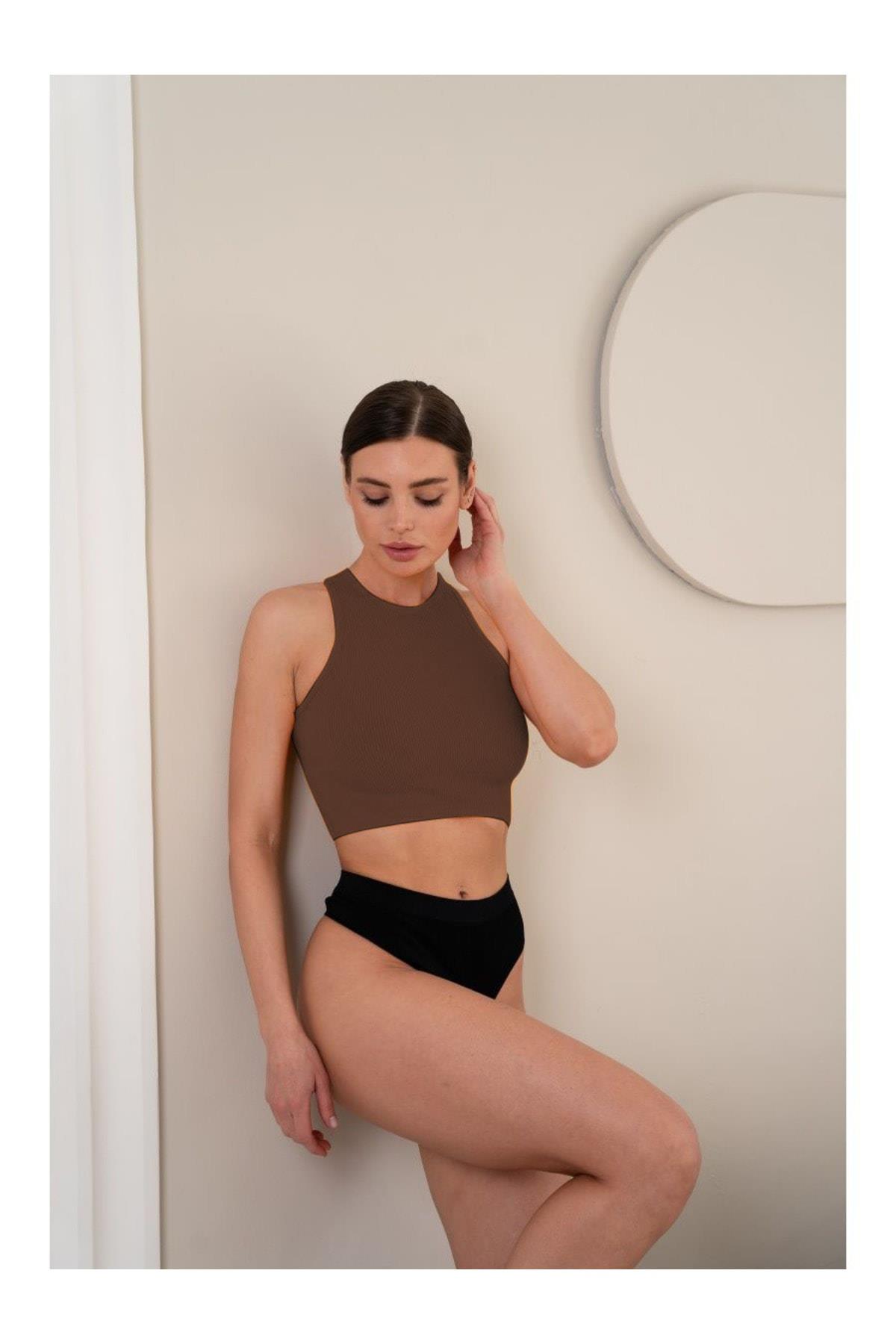 Murana Model Dikişsiz Toparlayıcı Büstiyer Crop Seamless Model Spor Crop Kahve Renk