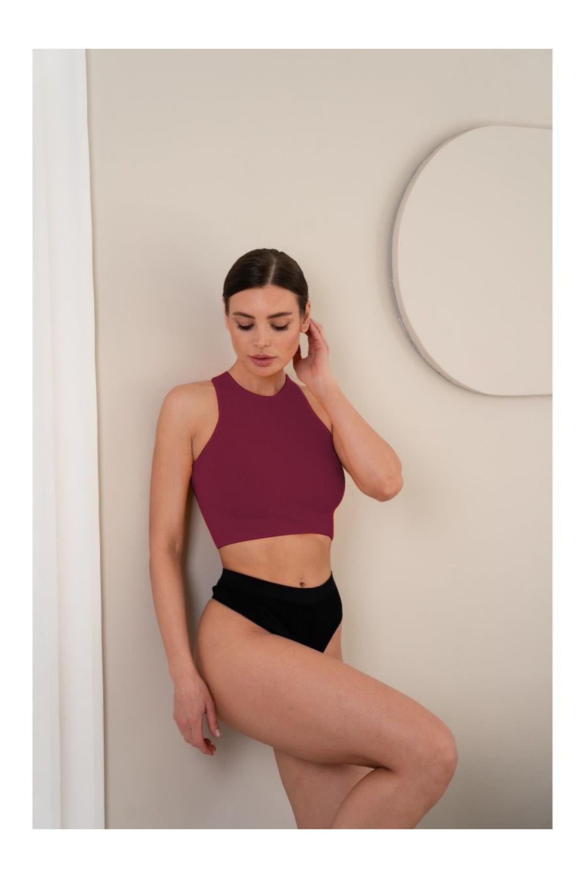 Murana Model Dikişsiz Toparlayıcı Büstiyer Crop Seamless Model Spor Crop Bordo Renk