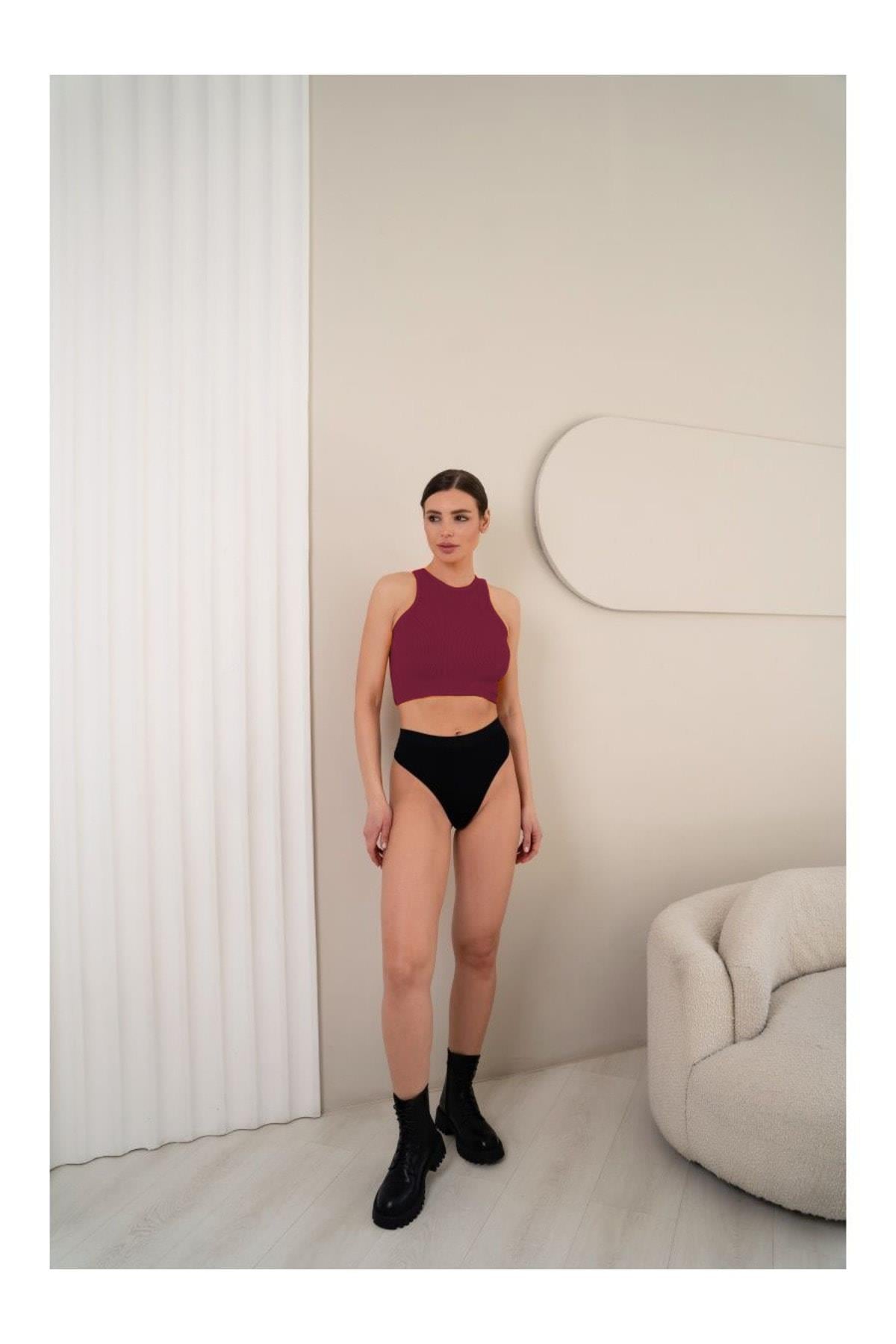 Murana Model Dikişsiz Toparlayıcı Büstiyer Crop Seamless Model Spor Crop Bordo Renk