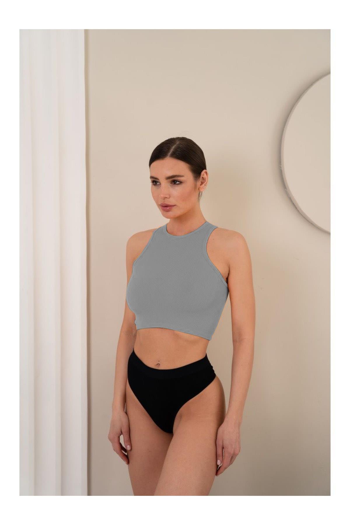 Murana Model Dikişsiz Toparlayıcı Büstiyer Crop Seamless Model Spor Crop Gri Renk