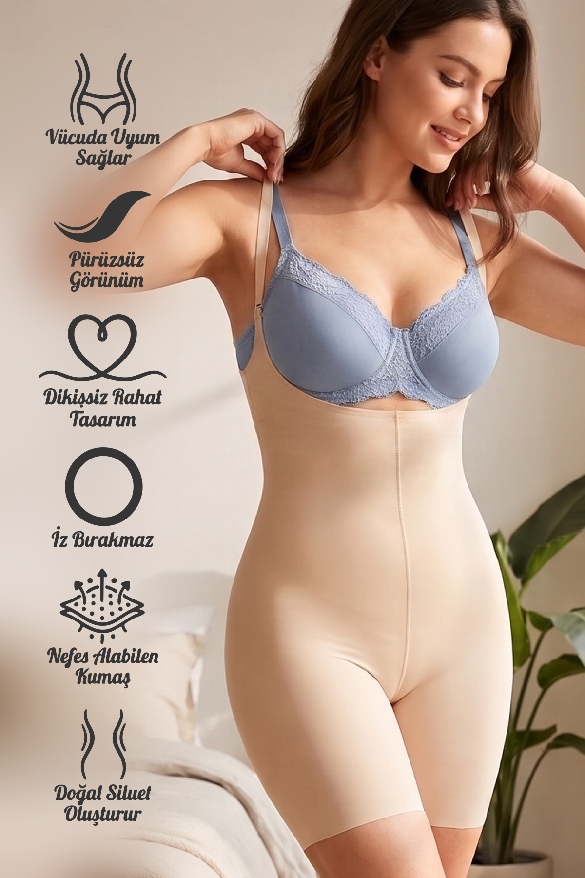 Pagliye Model Lazer Kesim İz Yapmayan Askılı Şort Toparlayıcı Korse Ten Renk
