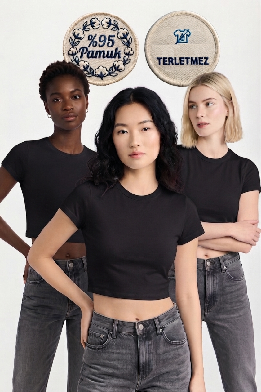 Pomonte Model Body Pamuklu Esnek Kumaşlı Kısa Kollu Basic Comfort Crop Siyah Renk