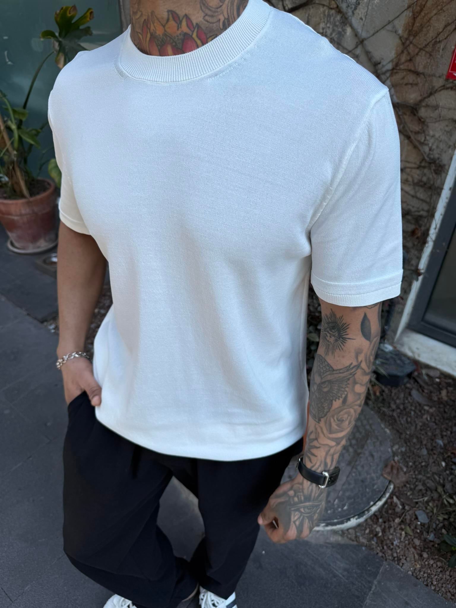  Regular Fit Bisiklet Yaka Esnek Triko T-Shirt -Beyaz