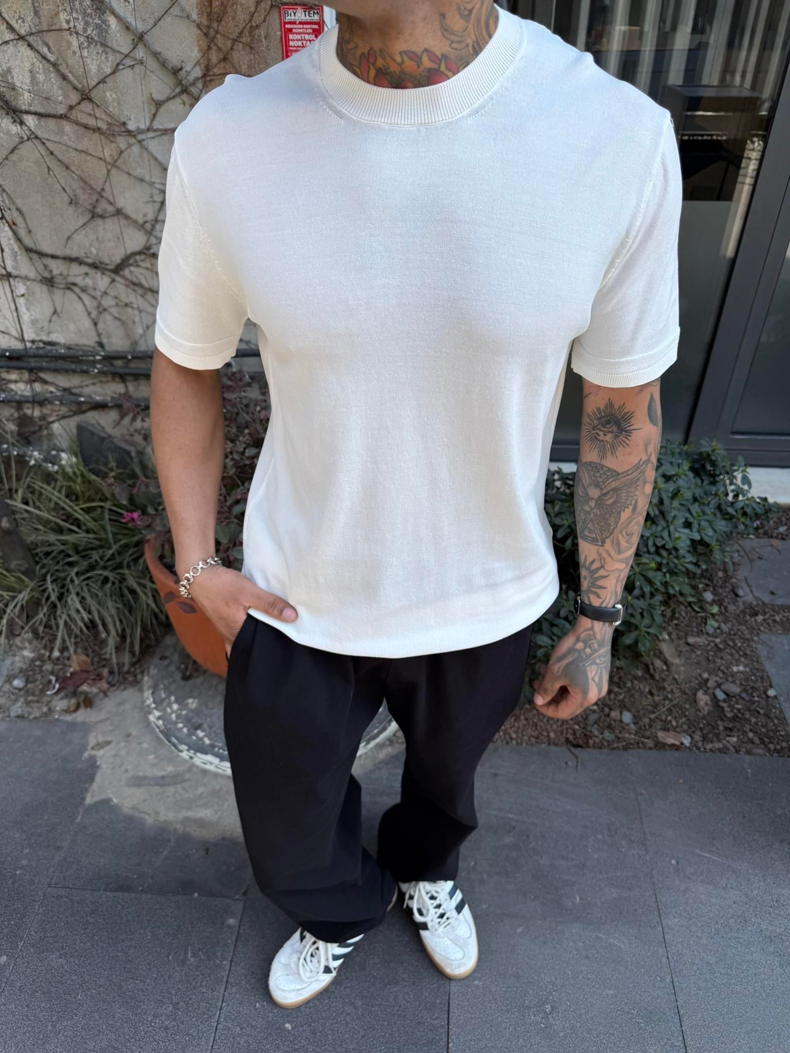  Regular Fit Bisiklet Yaka Esnek Triko T-Shirt -Beyaz