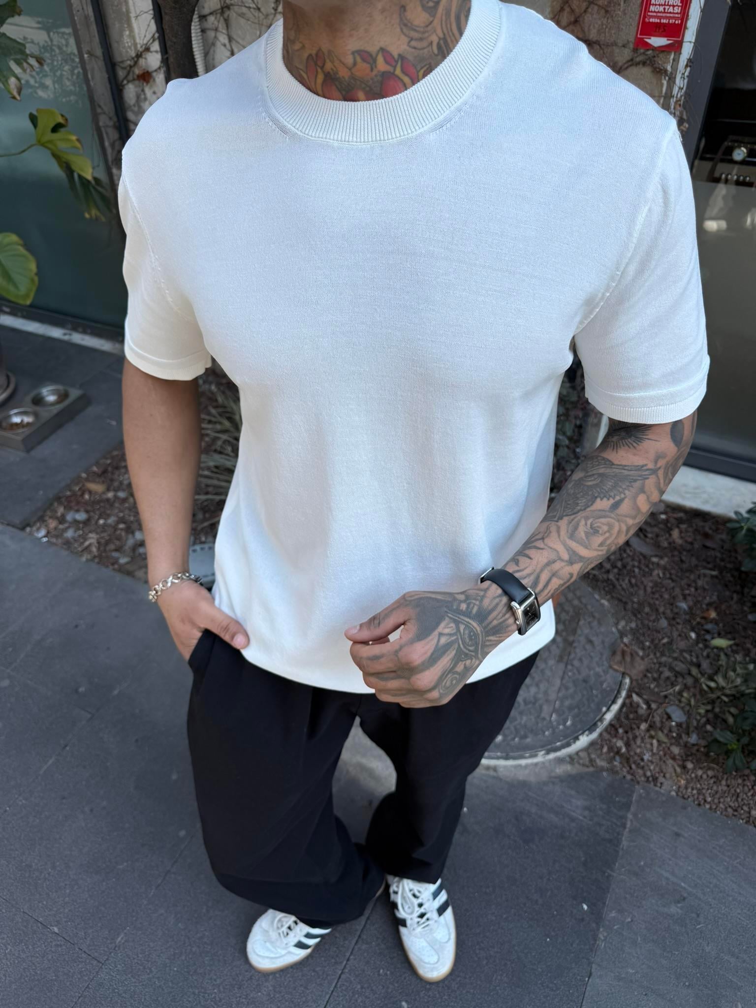  Regular Fit Bisiklet Yaka Esnek Triko T-Shirt -Beyaz