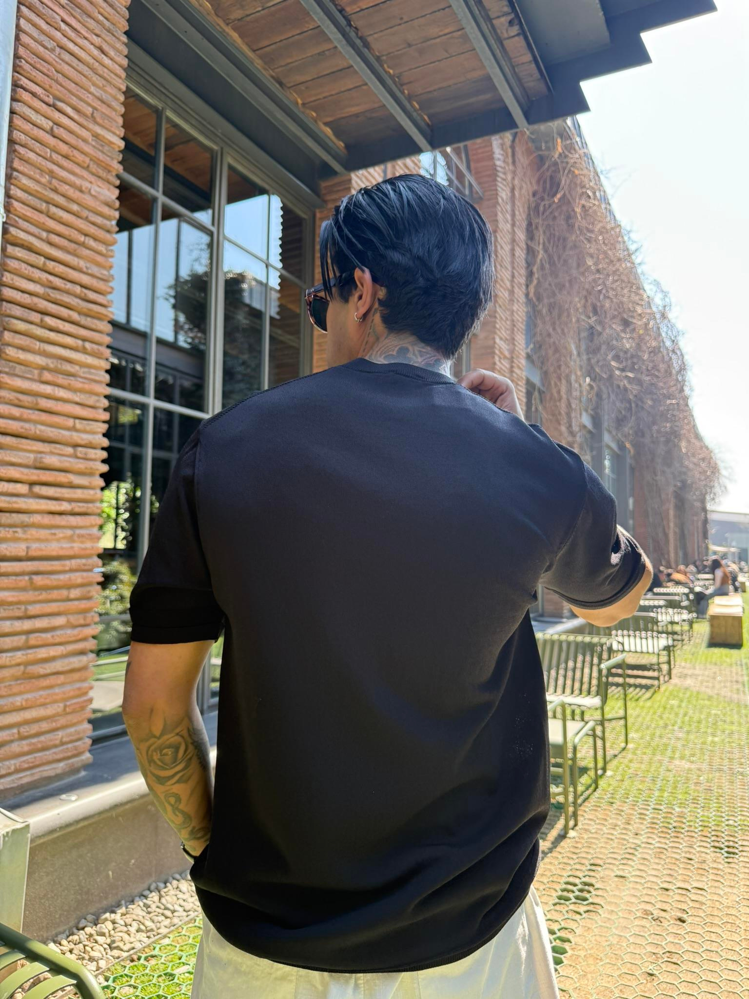  Regular Fit Bisiklet Yaka Esnek Triko T-Shirt -Siyah