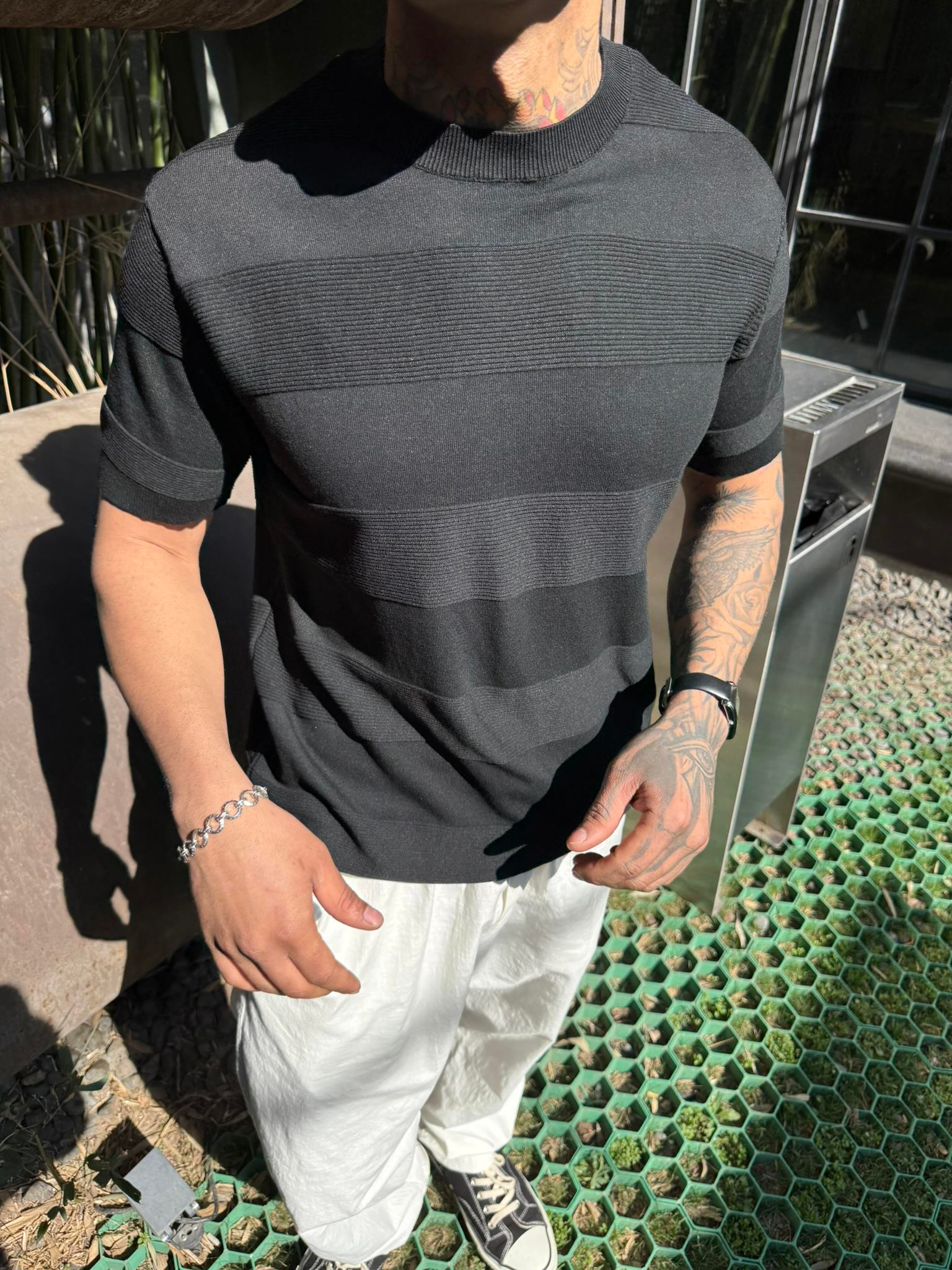  Regular Fit Cizgili Bisiklet Yaka Esnek Triko T-Shirt - Siyah
