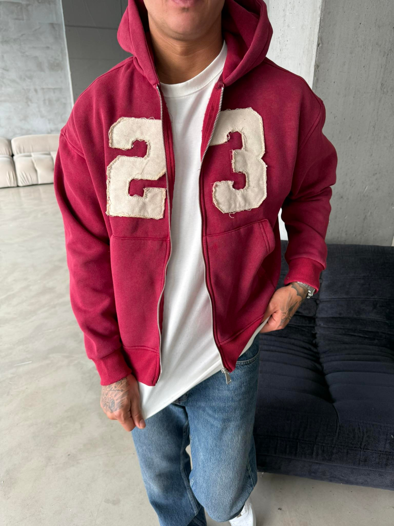 23 Premium Yıkamalı Zip Hırka - Bordo
