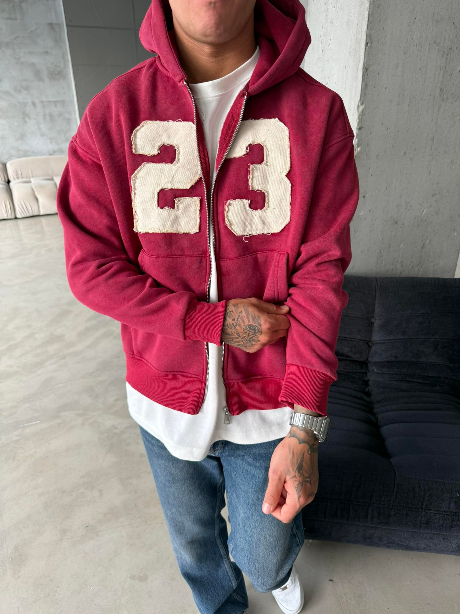 23 Premium Yıkamalı Zip Hırka - Bordo