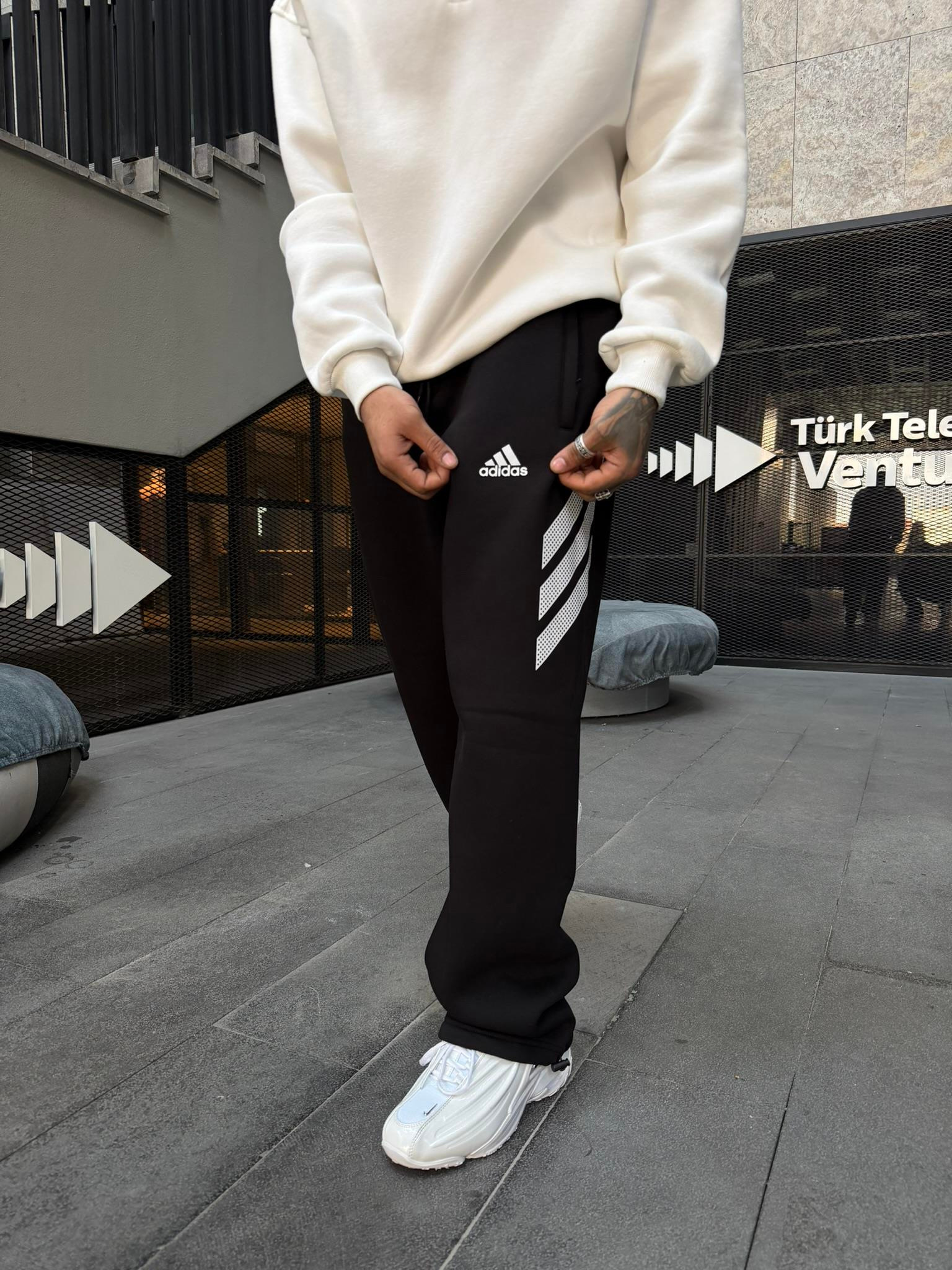 3 İplik Premium Yan Şerit Baskı Eşofman - Siyah