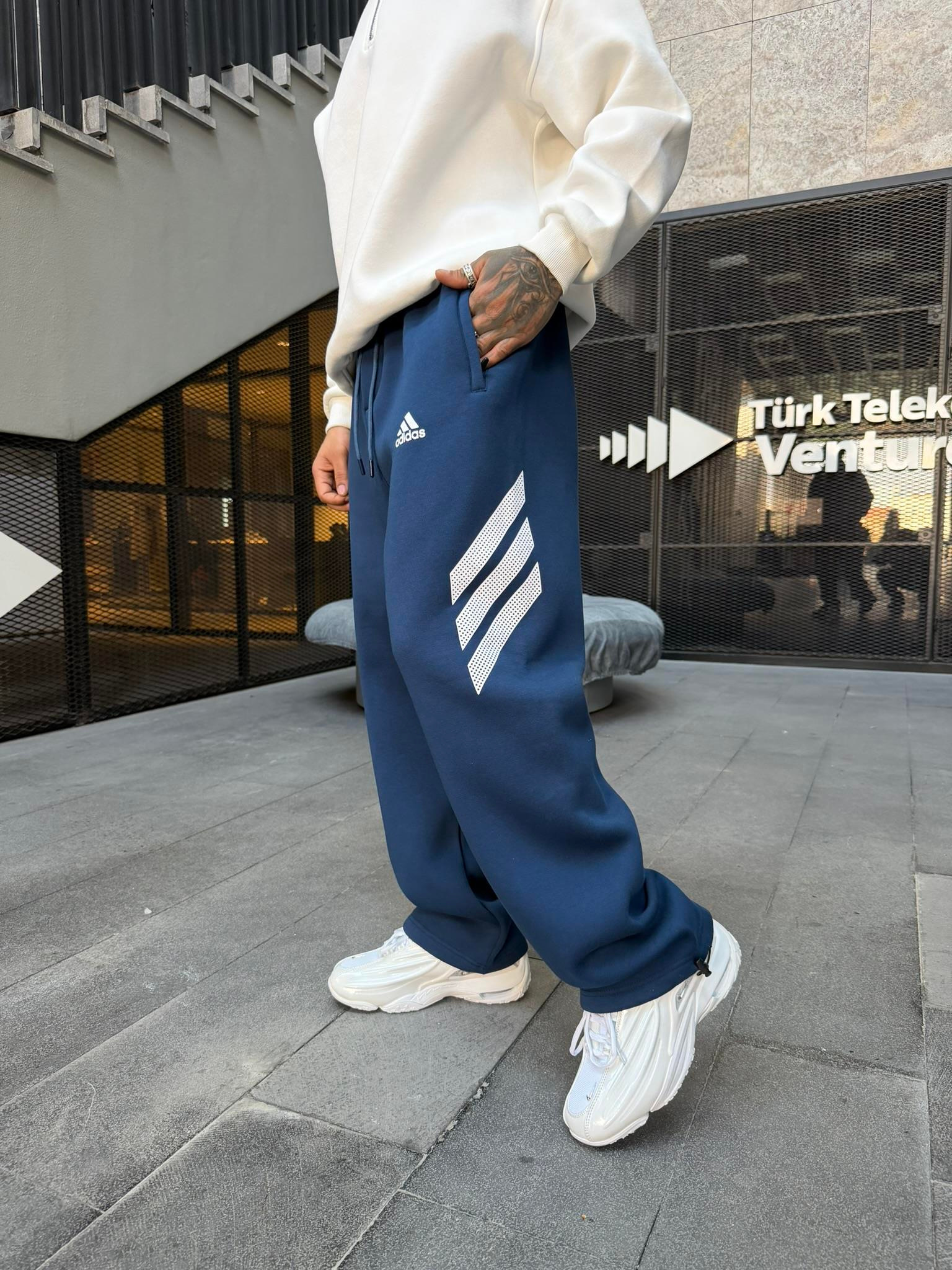 3 İplik Premium Yan Şerit Baskı Eşofman - İndigo