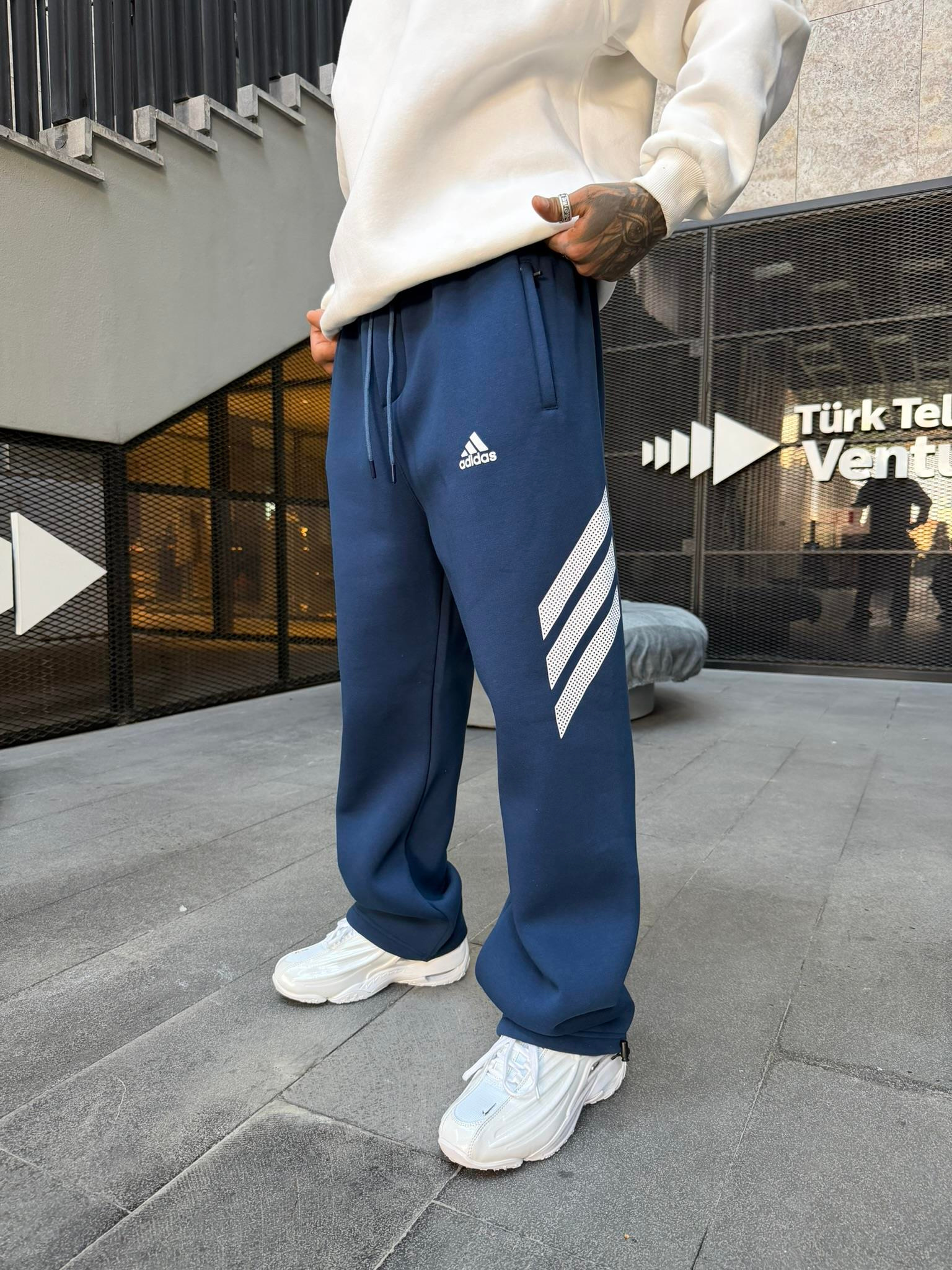 3 İplik Premium Yan Şerit Baskı Eşofman - İndigo