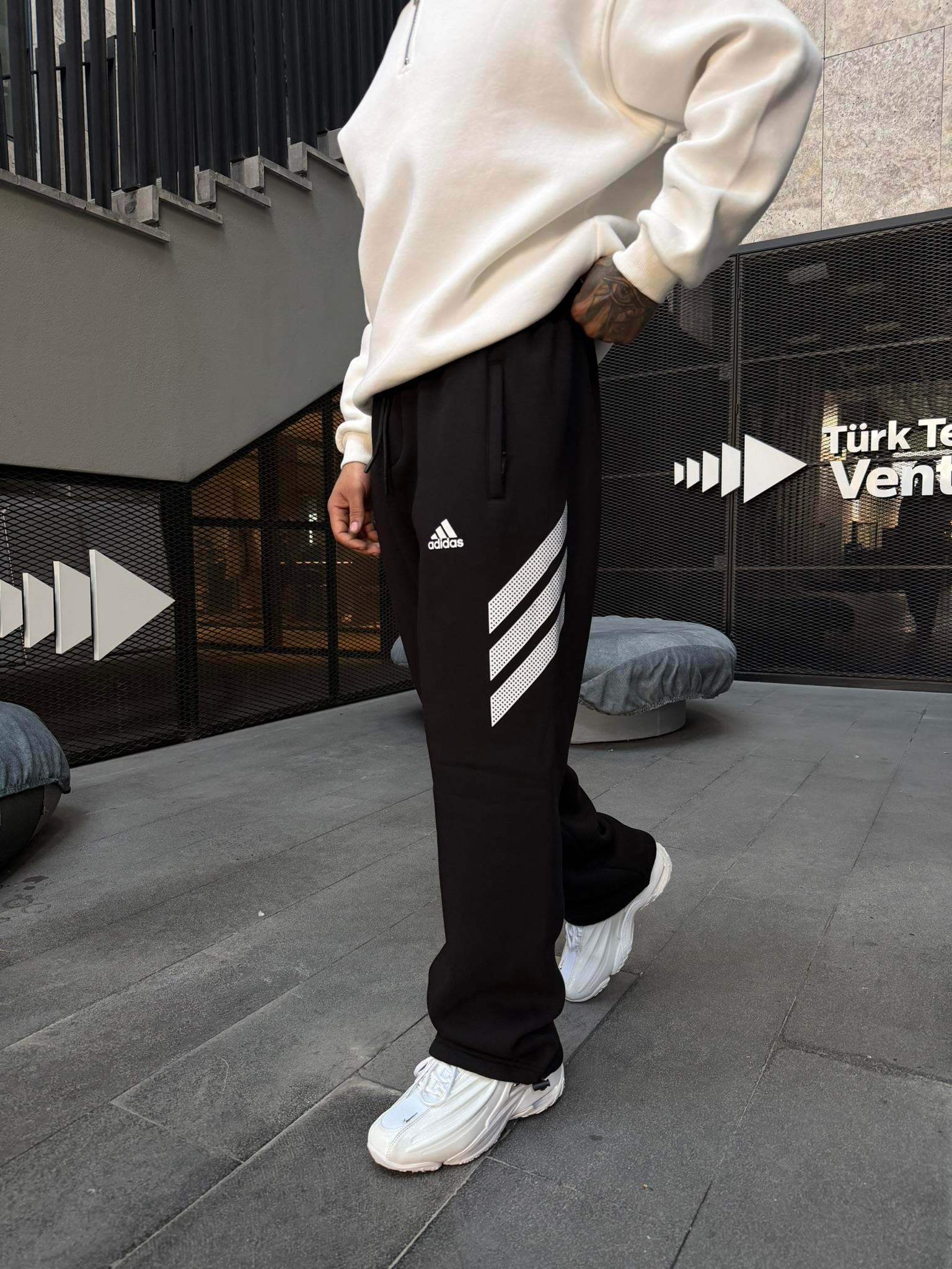 3 İplik Premium Yan Şerit Baskı Eşofman - Siyah