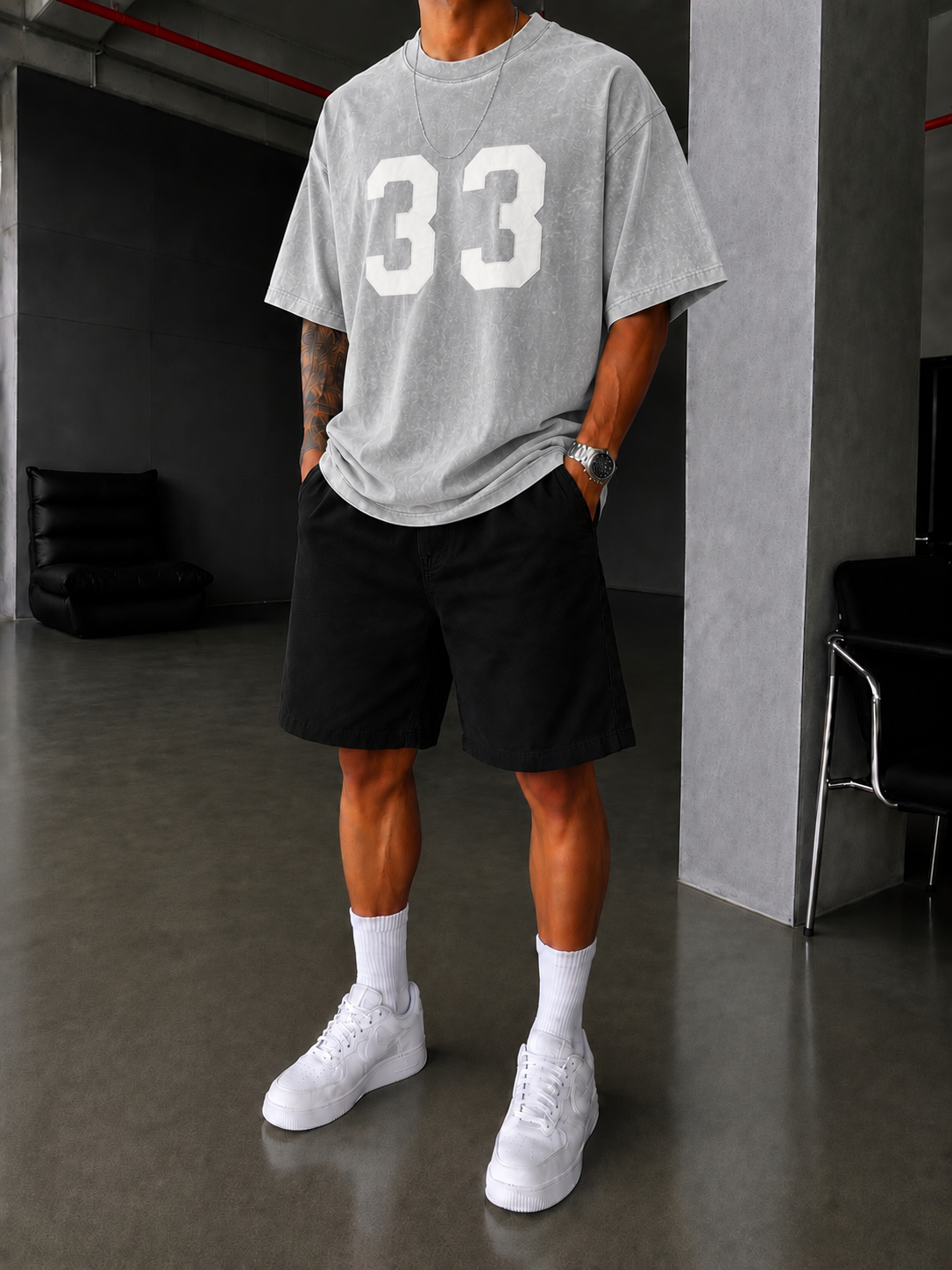 33 Pacht Detaylı Oversize T-Shirt - Gri