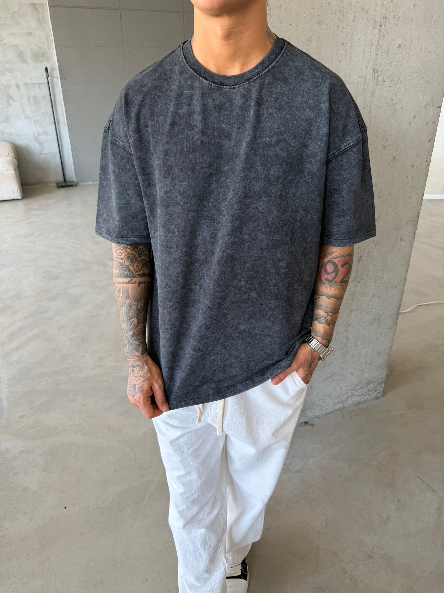 362 Premium Acid Yıkama Basic T-Shirt - Siyah