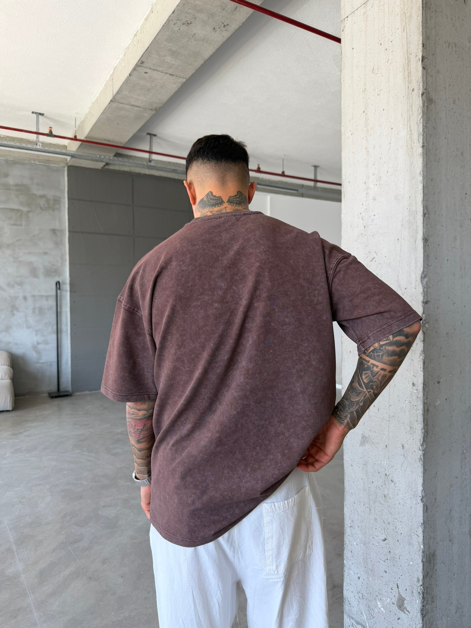 362 Premium Acid Yıkama Basic T-Shirt - Kahve