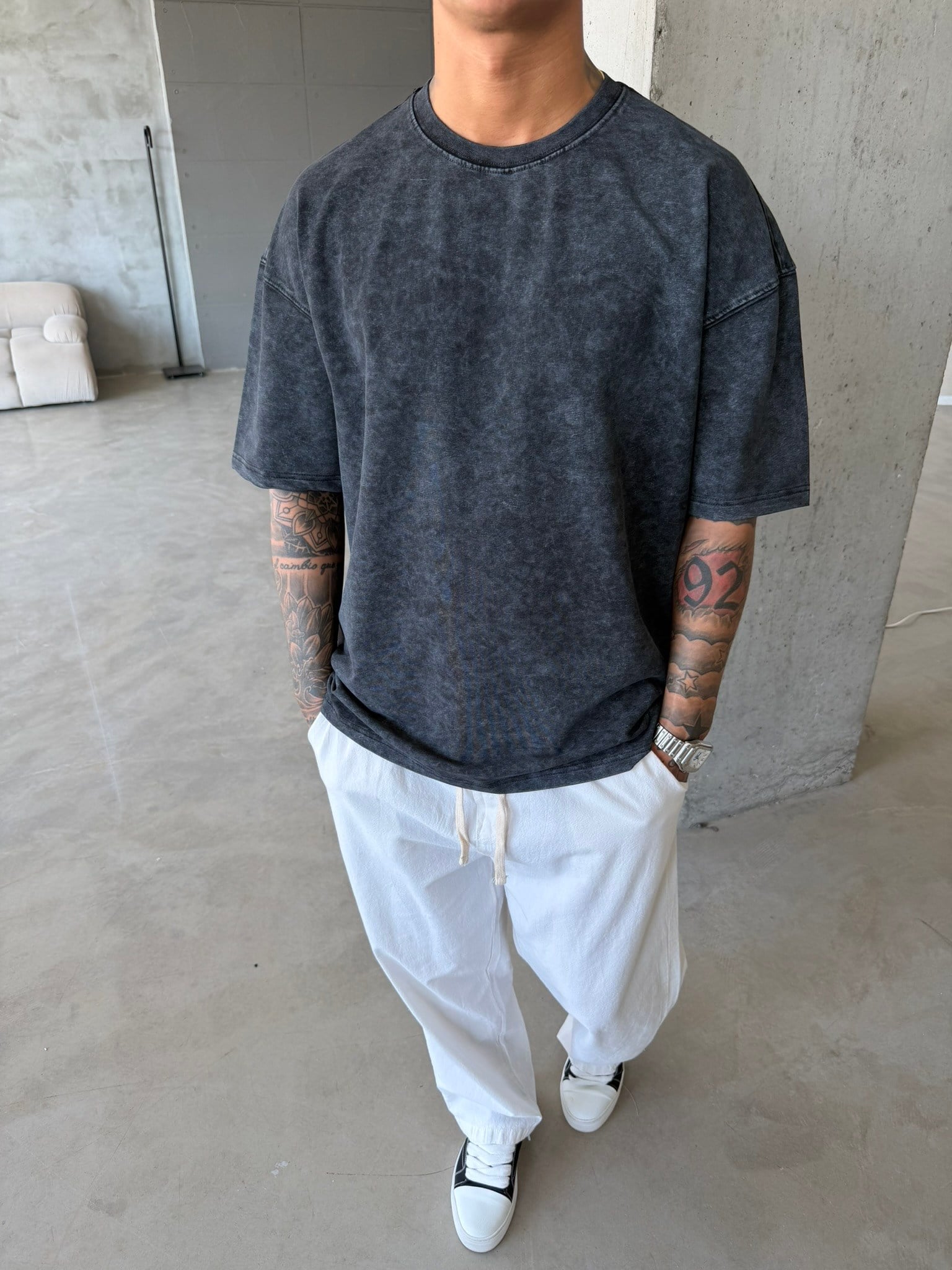 362 Premium Acid Yıkama Basic T-Shirt - Siyah