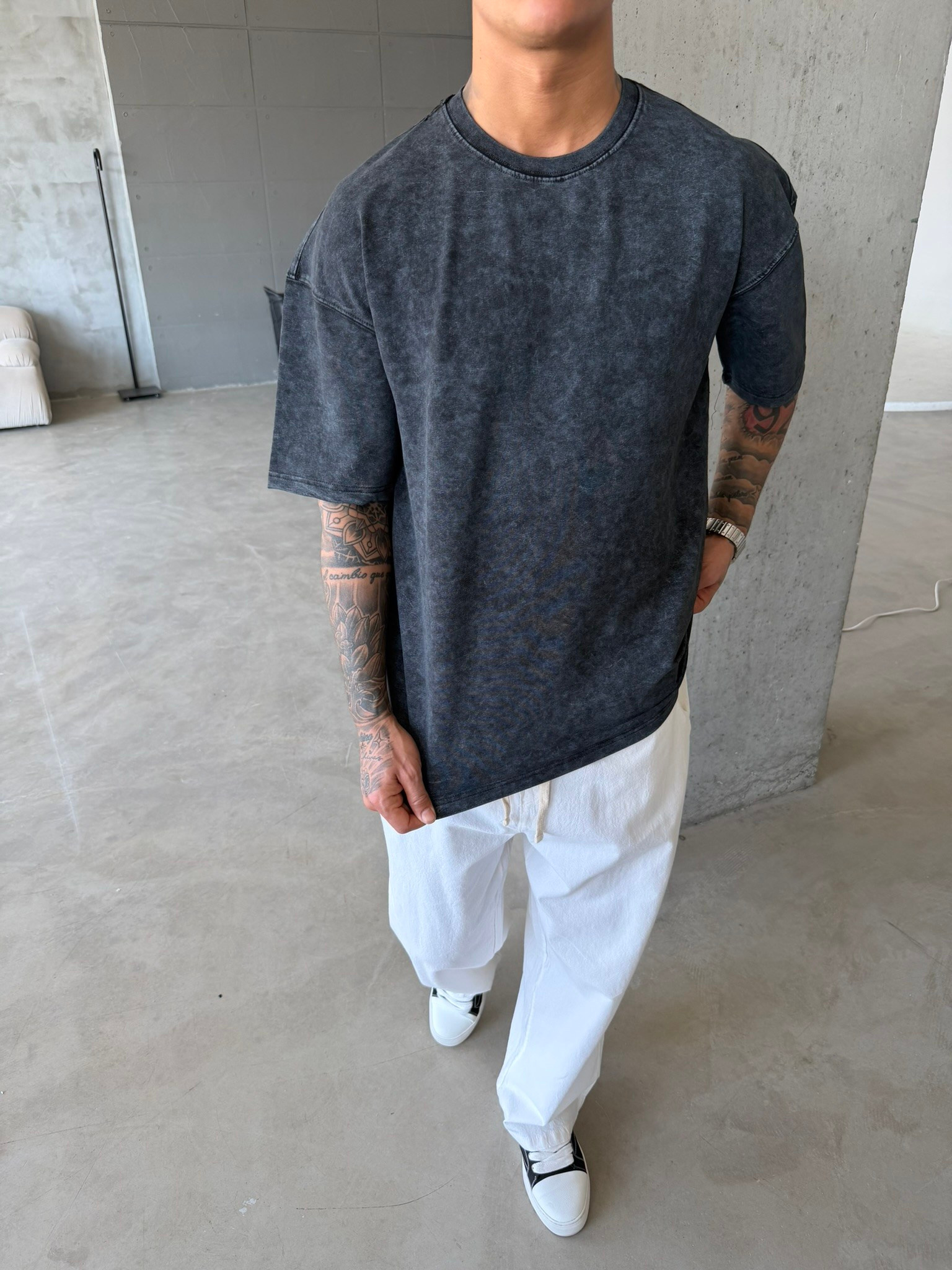 362 Premium Acid Yıkama Basic T-Shirt - Siyah