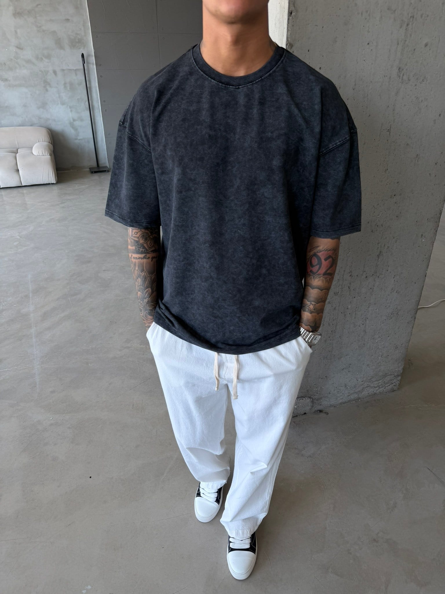362 Premium Acid Yıkama Basic T-Shirt - Siyah