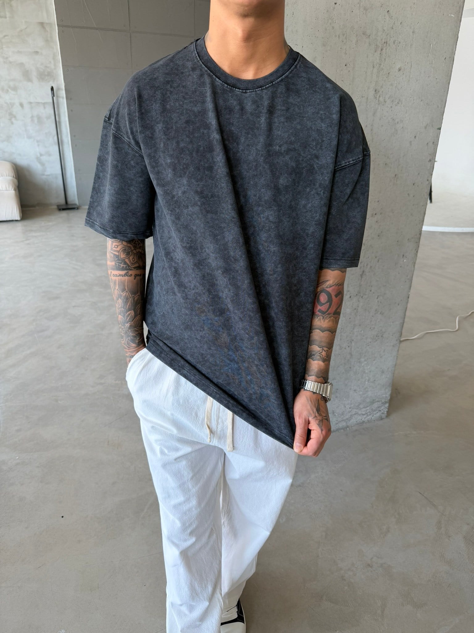 362 Premium Acid Yıkama Basic T-Shirt - Siyah