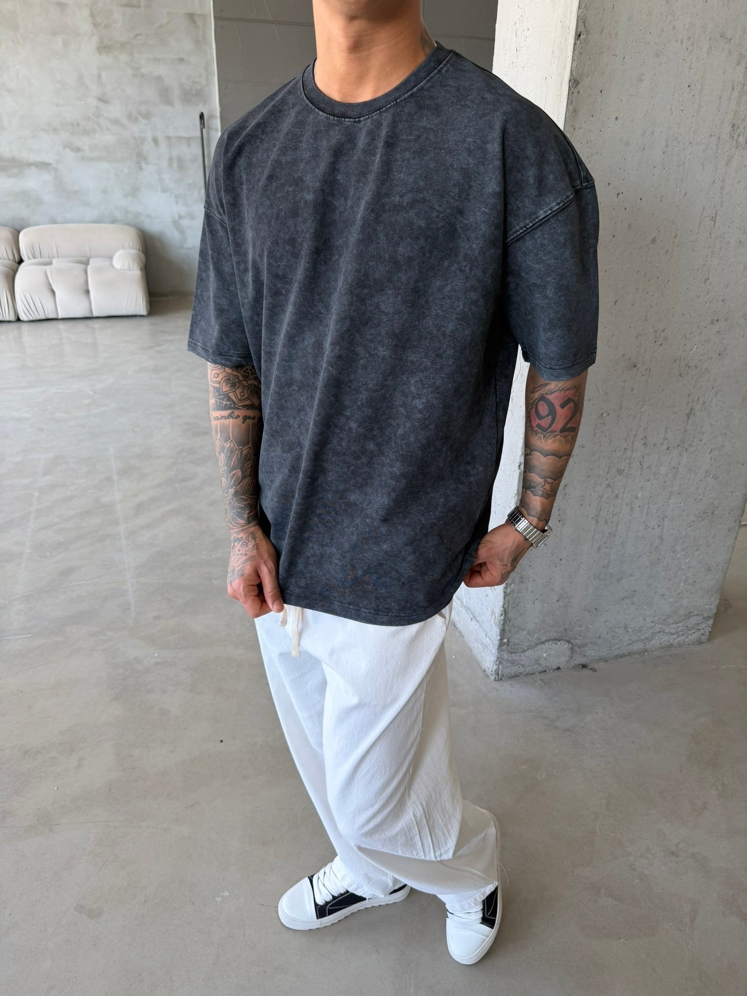 362 Premium Acid Yıkama Basic T-Shirt - Siyah