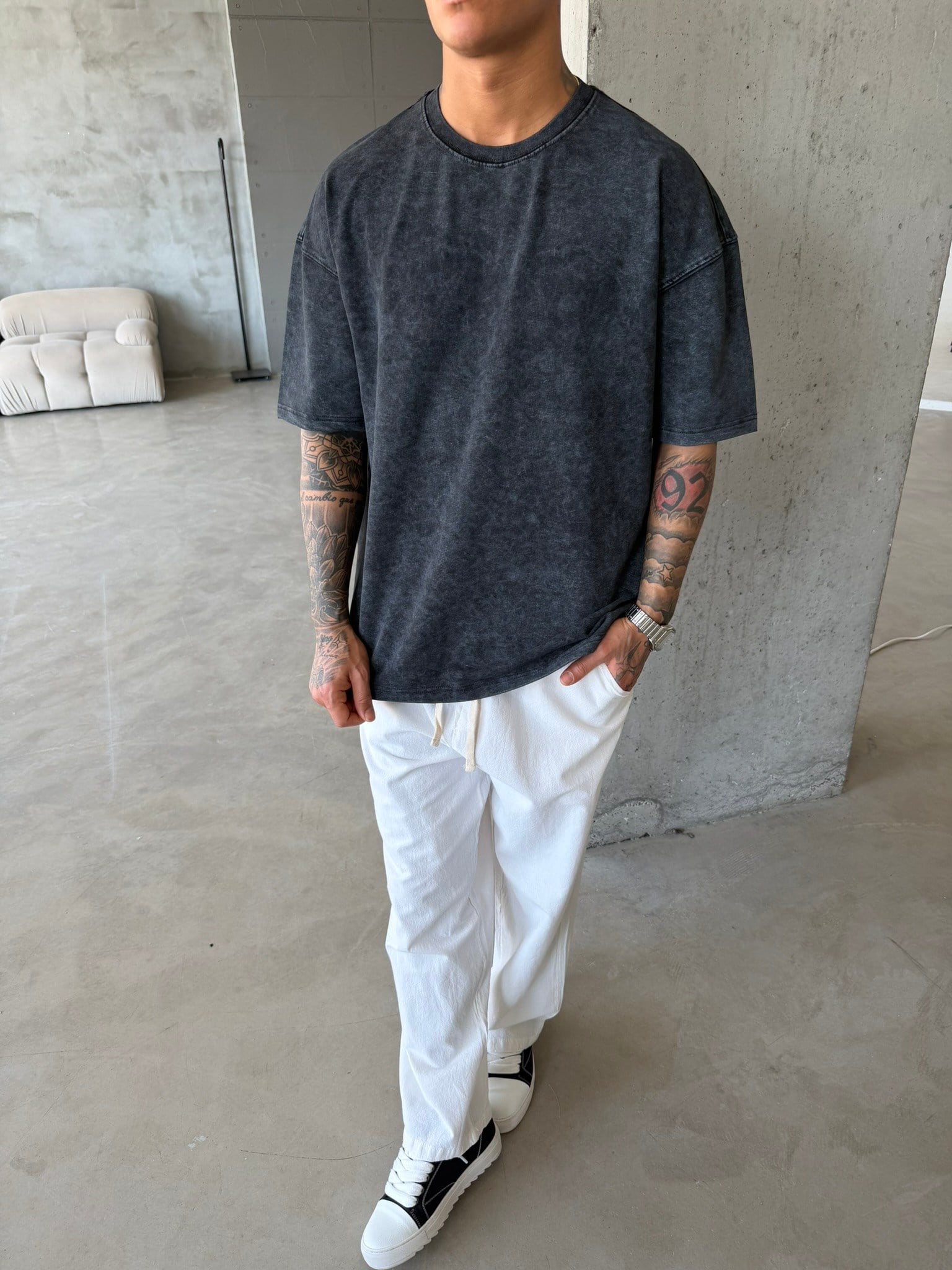 362 Premium Acid Yıkama Basic T-Shirt - Siyah