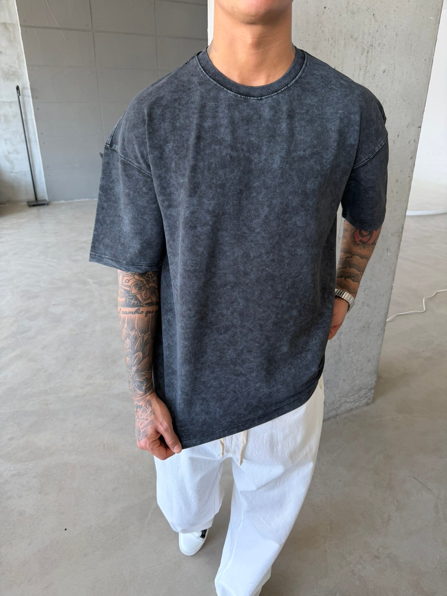 362 Premium Acid Yıkama Basic T-Shirt - Siyah