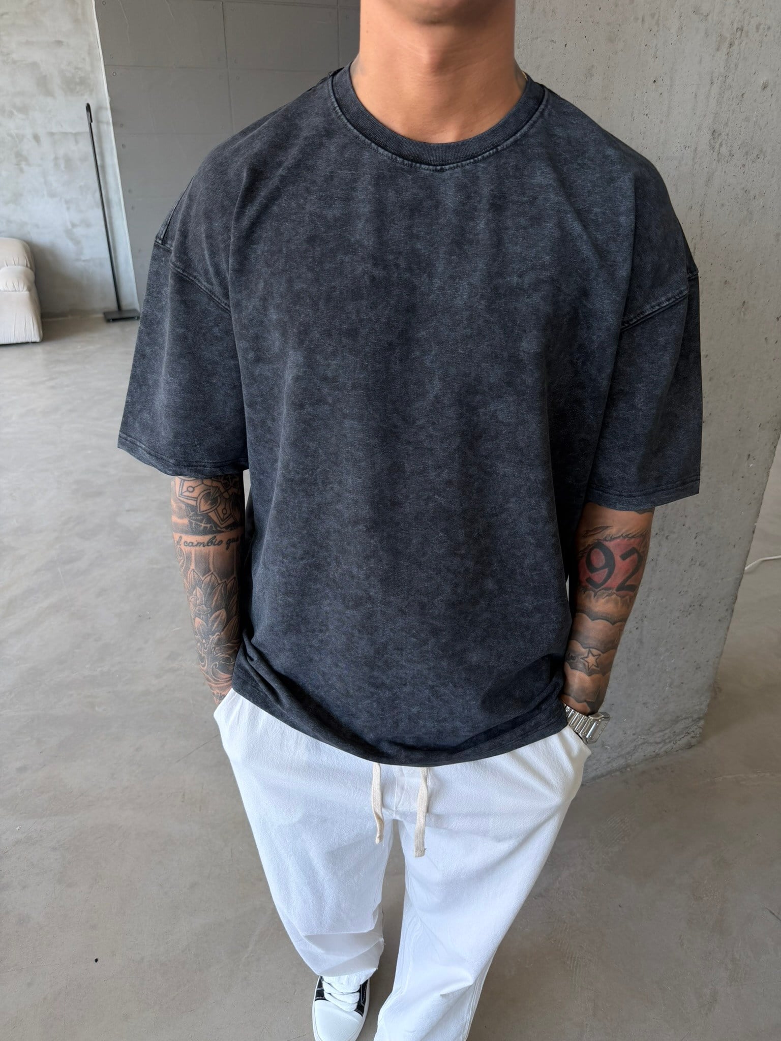 362 Premium Acid Yıkama Basic T-Shirt - Siyah