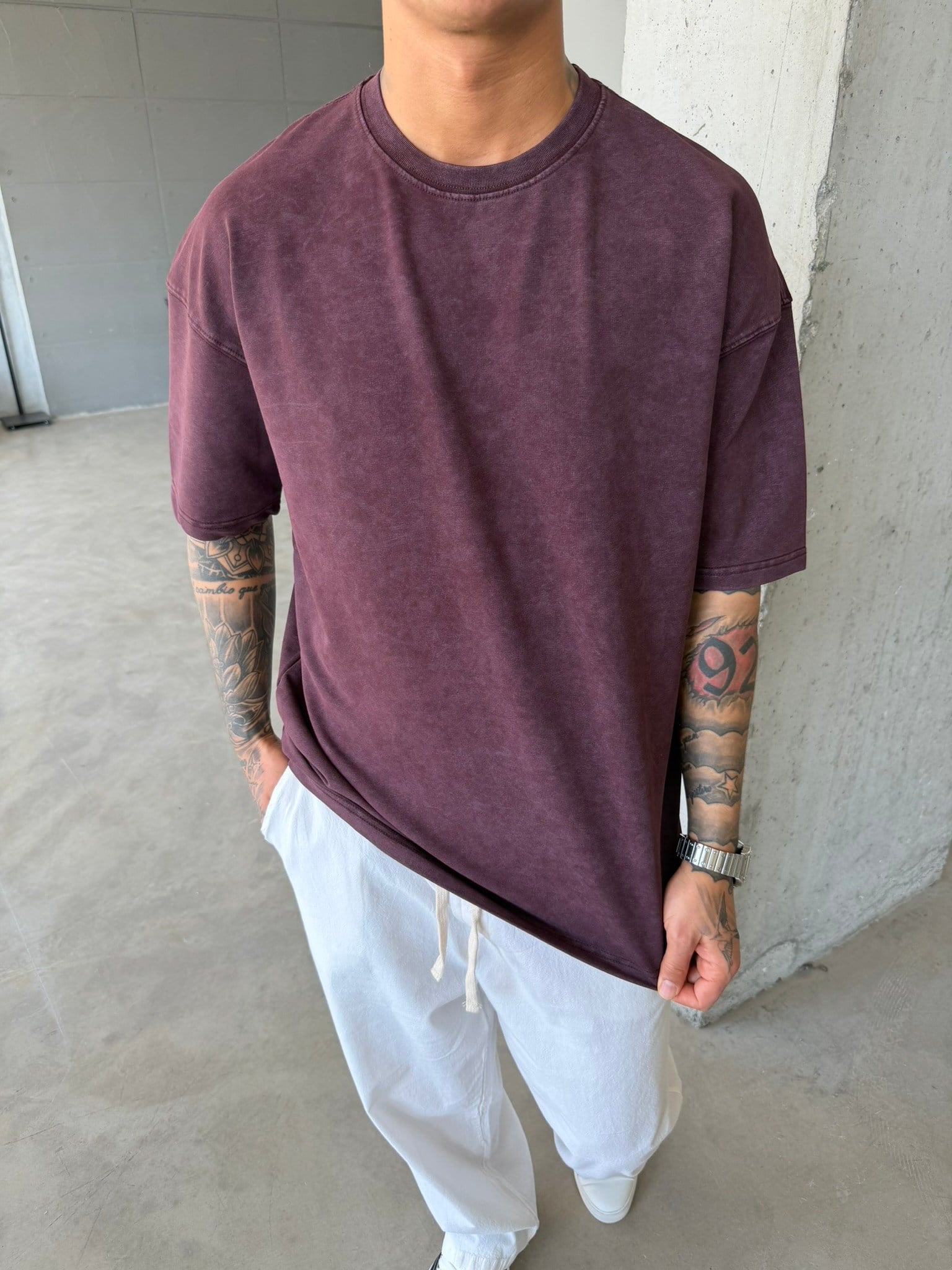 362 Premium Acid Yıkama Basic T-Shirt - Mürdün