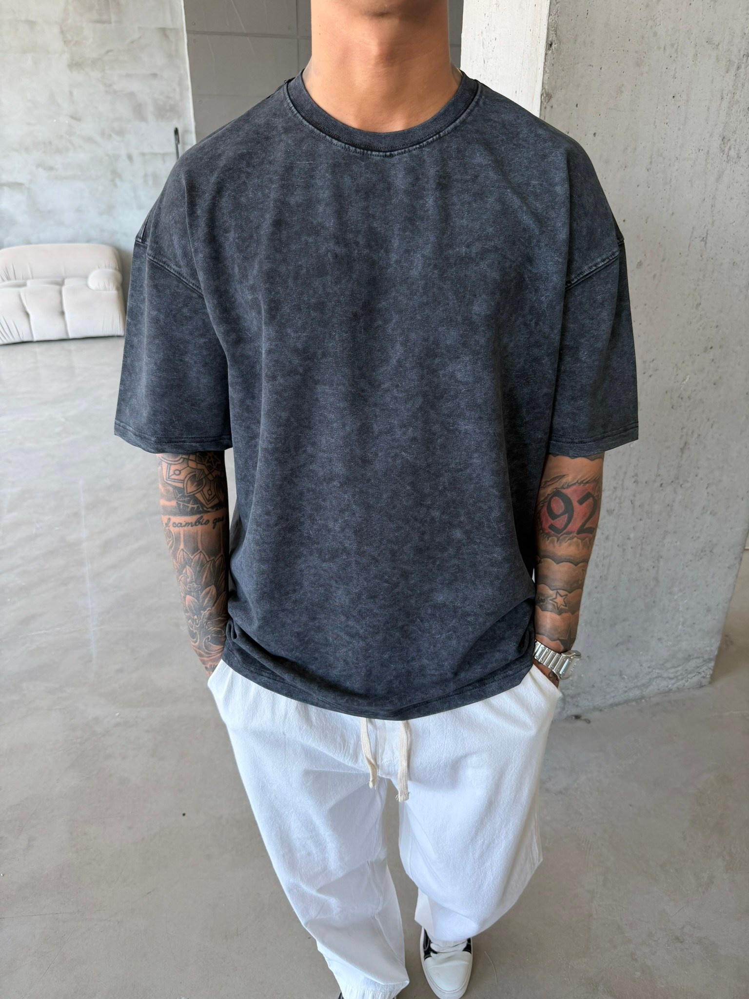 362 Premium Acid Yıkama Basic T-Shirt - Siyah