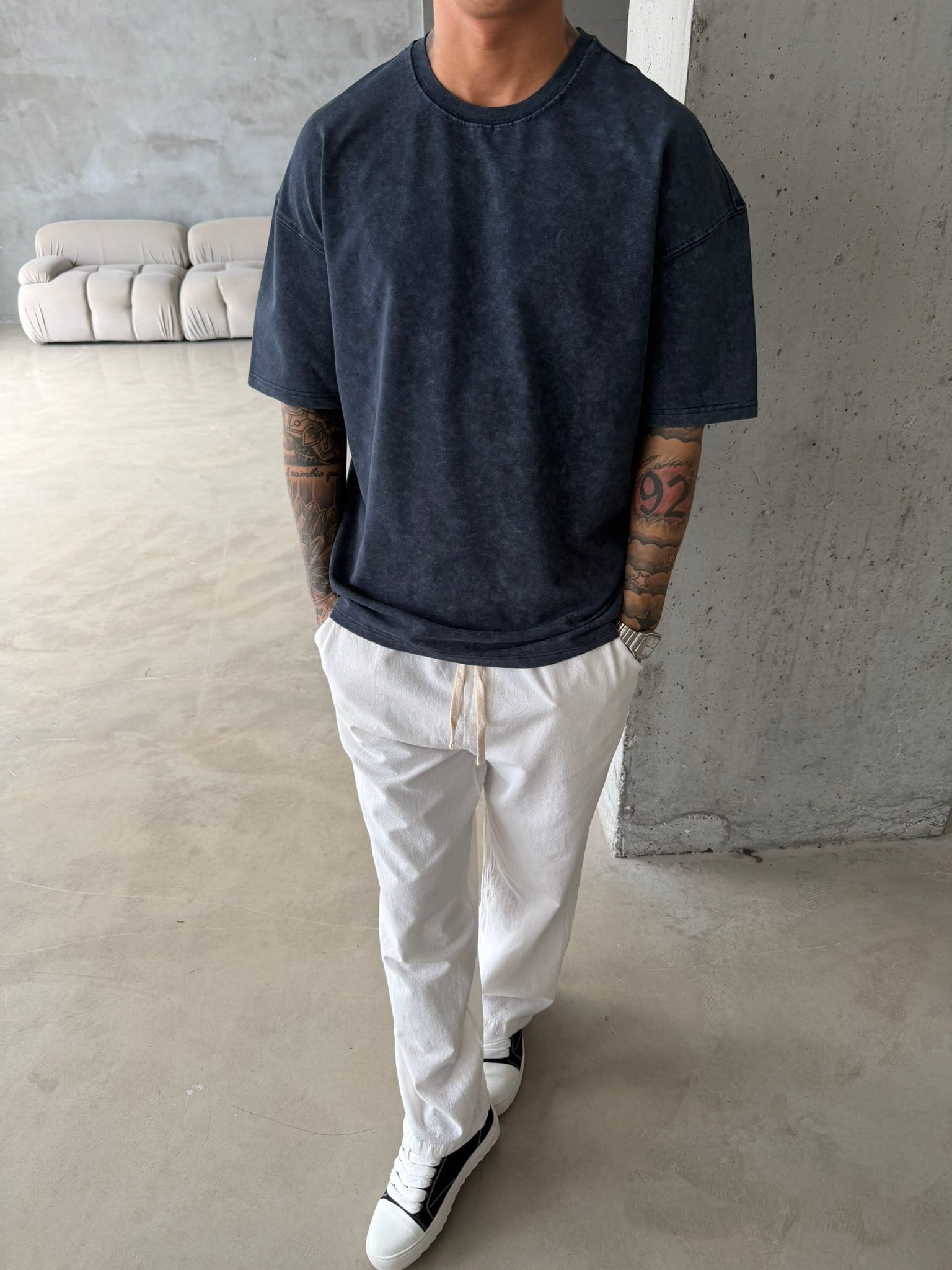 362 Premium Acid Yıkama Basic T-Shirt - İndigo