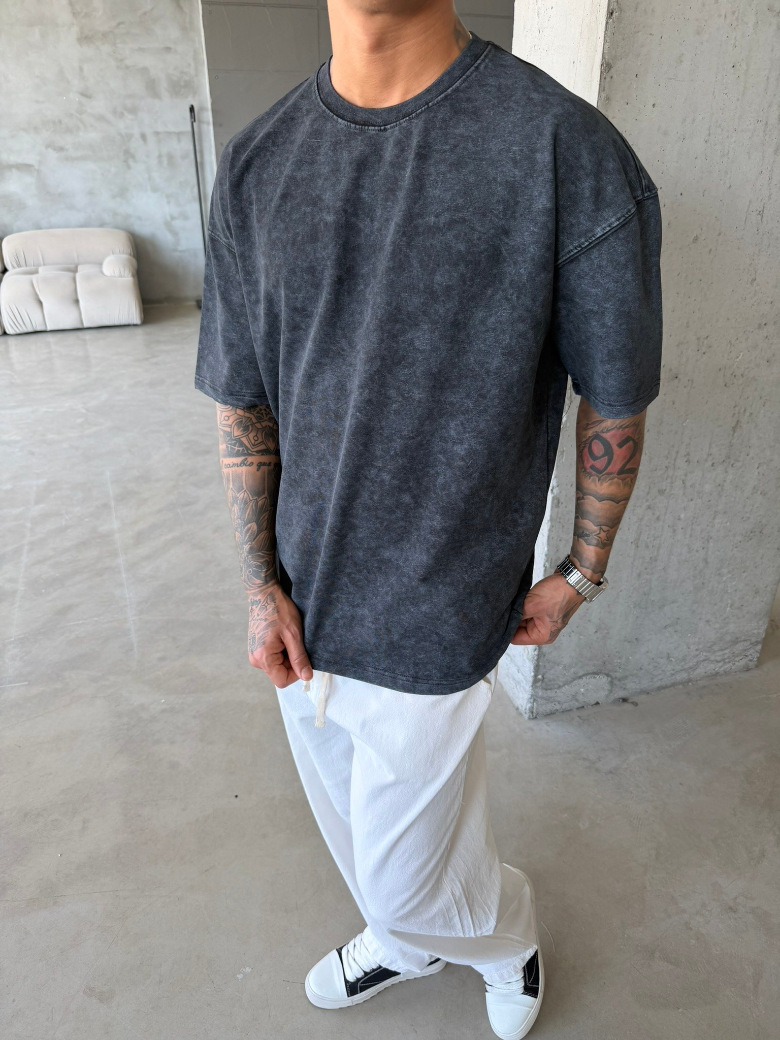 362 Premium Acid Yıkama Basic T-Shirt - Siyah