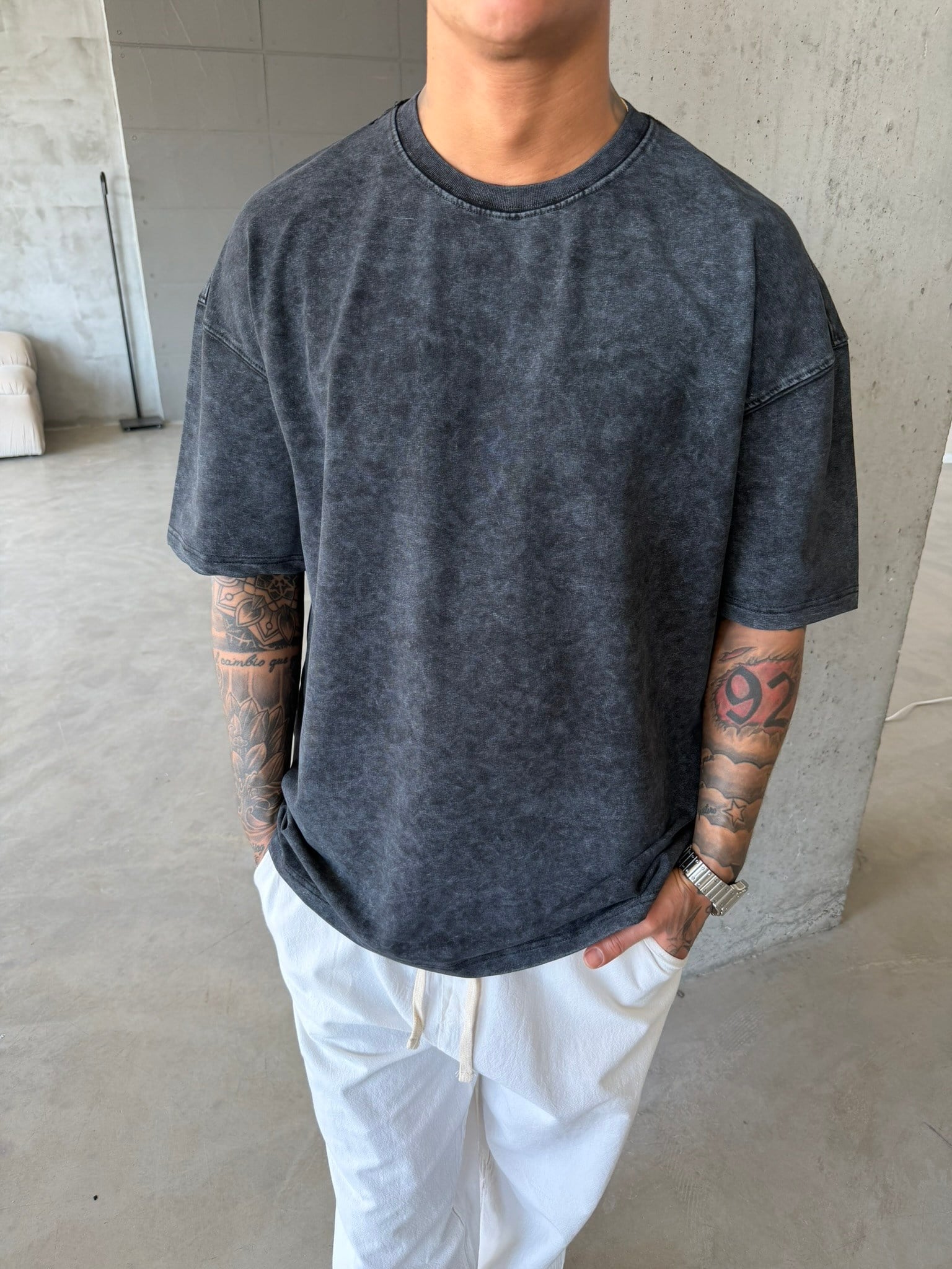 362 Premium Acid Yıkama Basic T-Shirt - Siyah