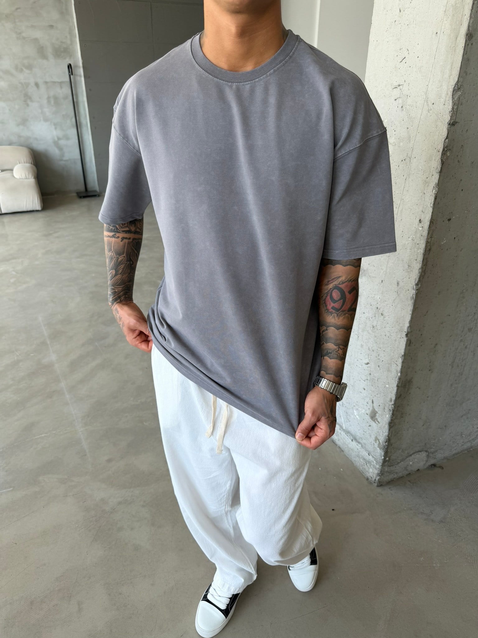 362 Premium Acid Yıkama Basic T-Shirt - Füme