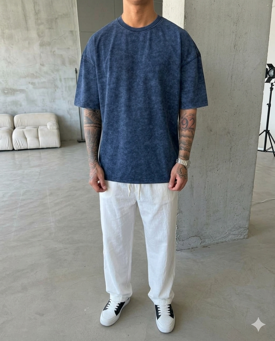 362 Premium Acid Yıkama Basic T-Shirt - İndigo