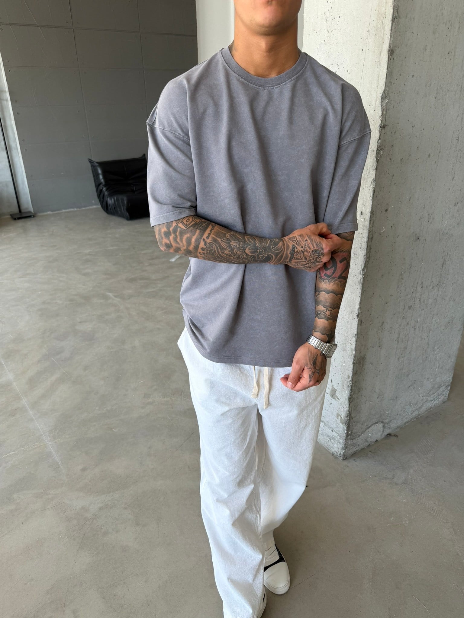 362 Premium Acid Yıkama Basic T-Shirt - Füme