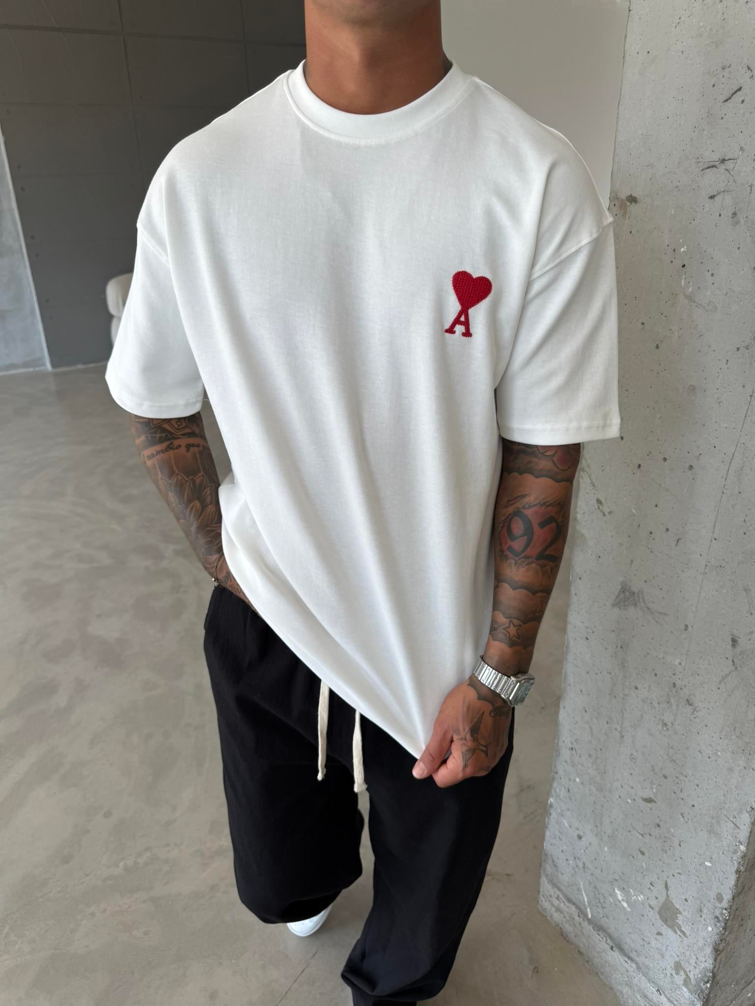 A Kalp Nakışlı Basic T-Shirt - Beyaz